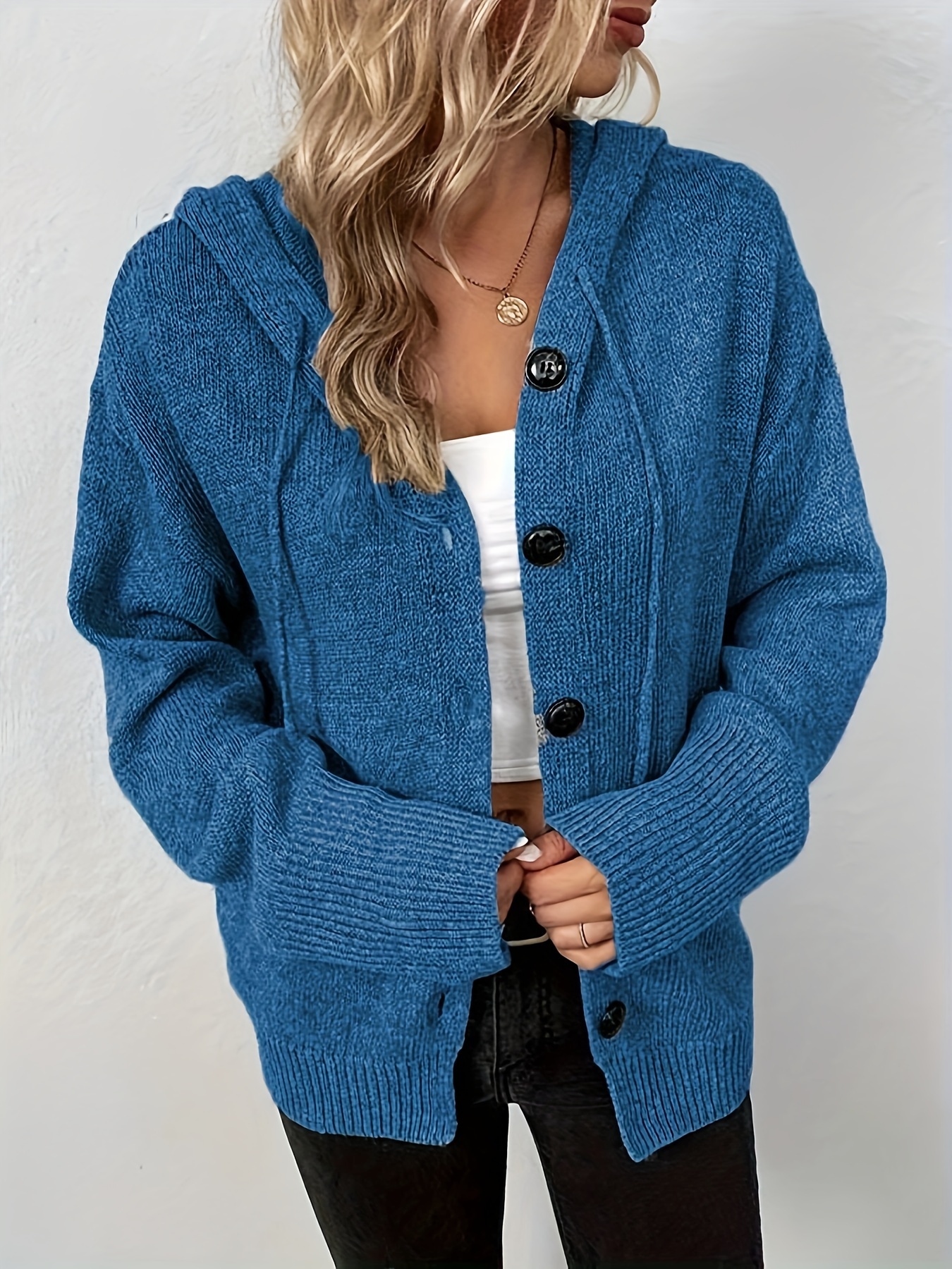 hooded knit cardigan casual button front drawstring long sleeve sweater womens clothing details 2