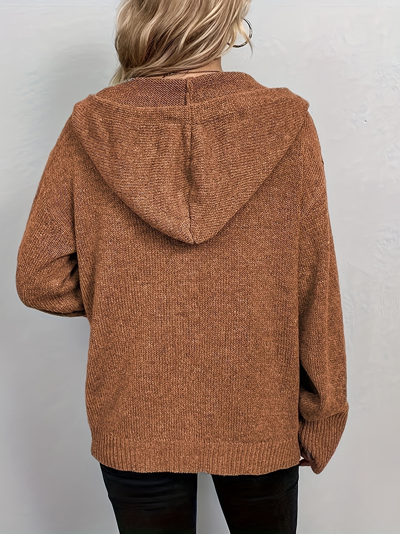 hooded knit cardigan casual button front drawstring long sleeve sweater womens clothing details 4