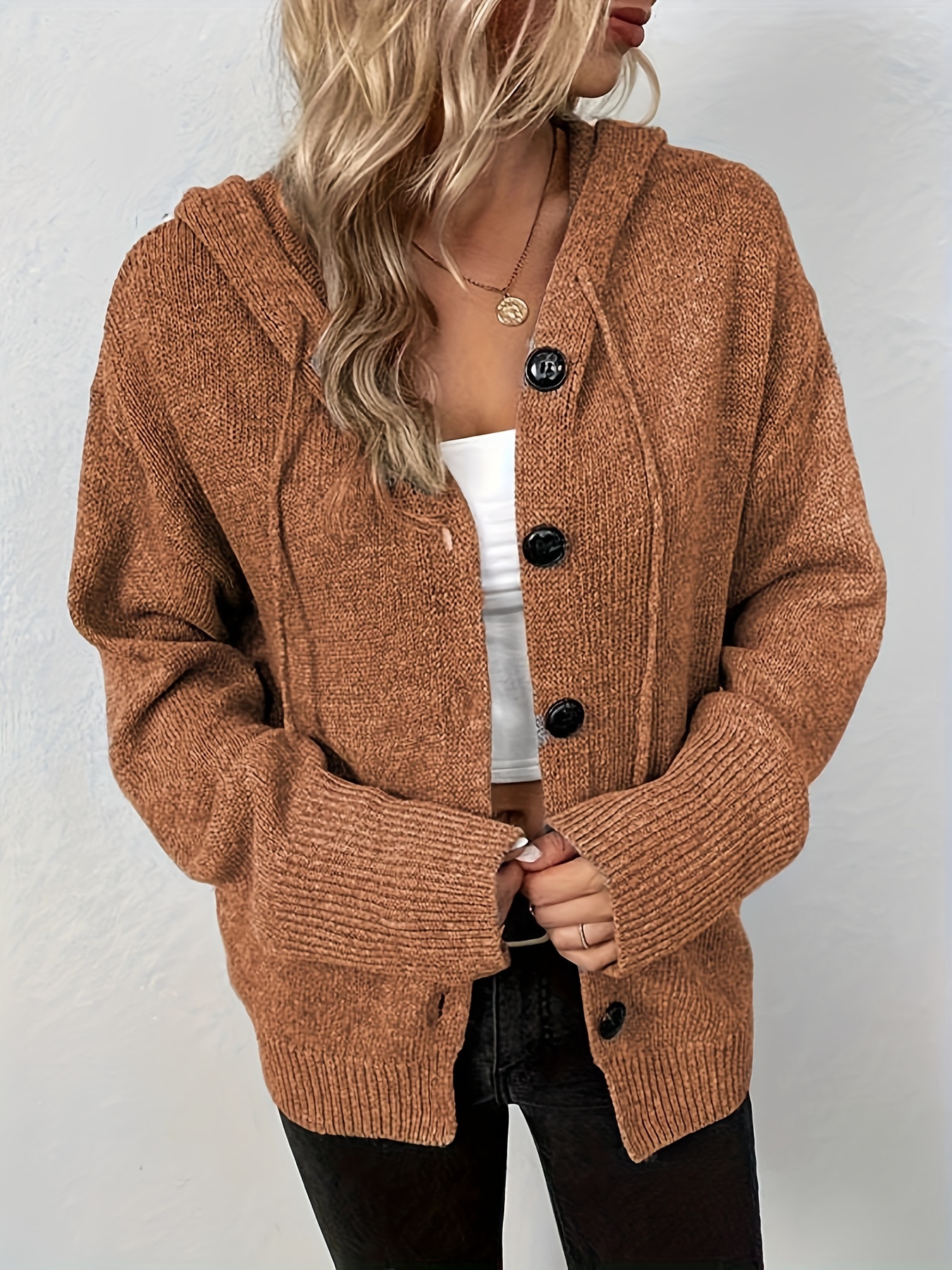 hooded knit cardigan casual button front drawstring long sleeve sweater womens clothing details 5