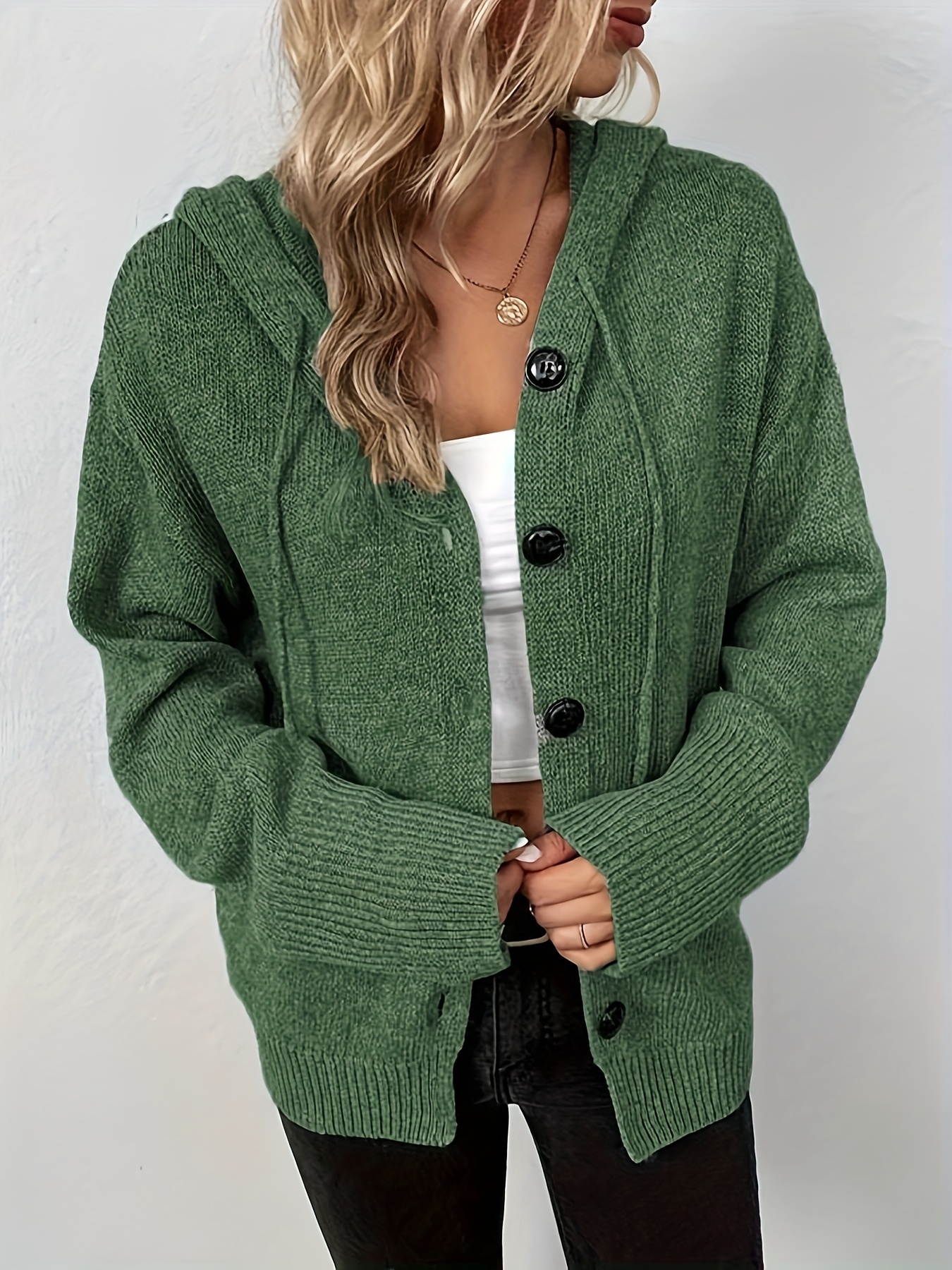 hooded knit cardigan casual button front drawstring long sleeve sweater womens clothing details 8