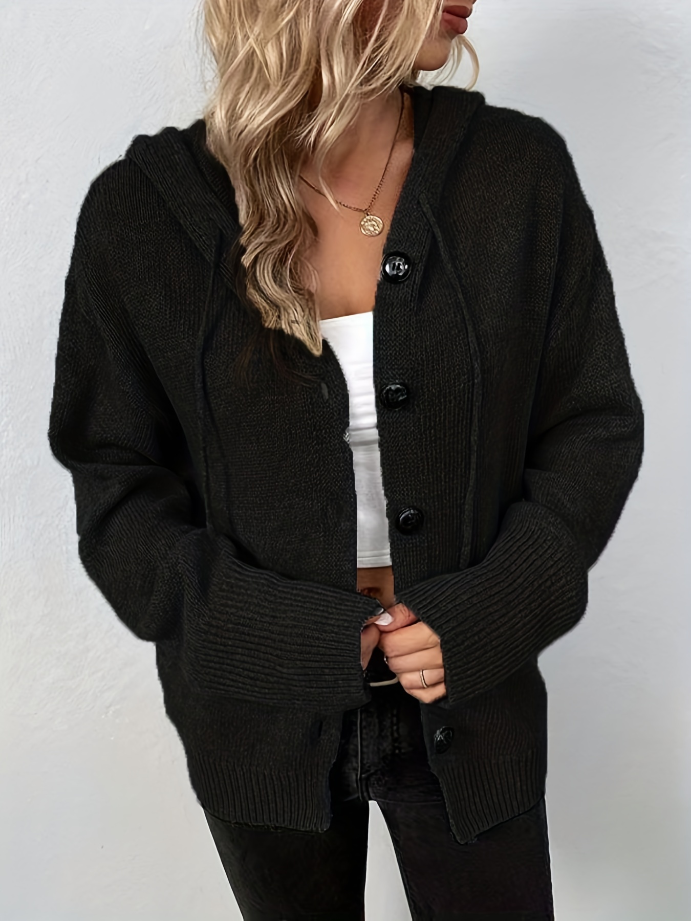 hooded knit cardigan casual button front drawstring long sleeve sweater womens clothing details 10