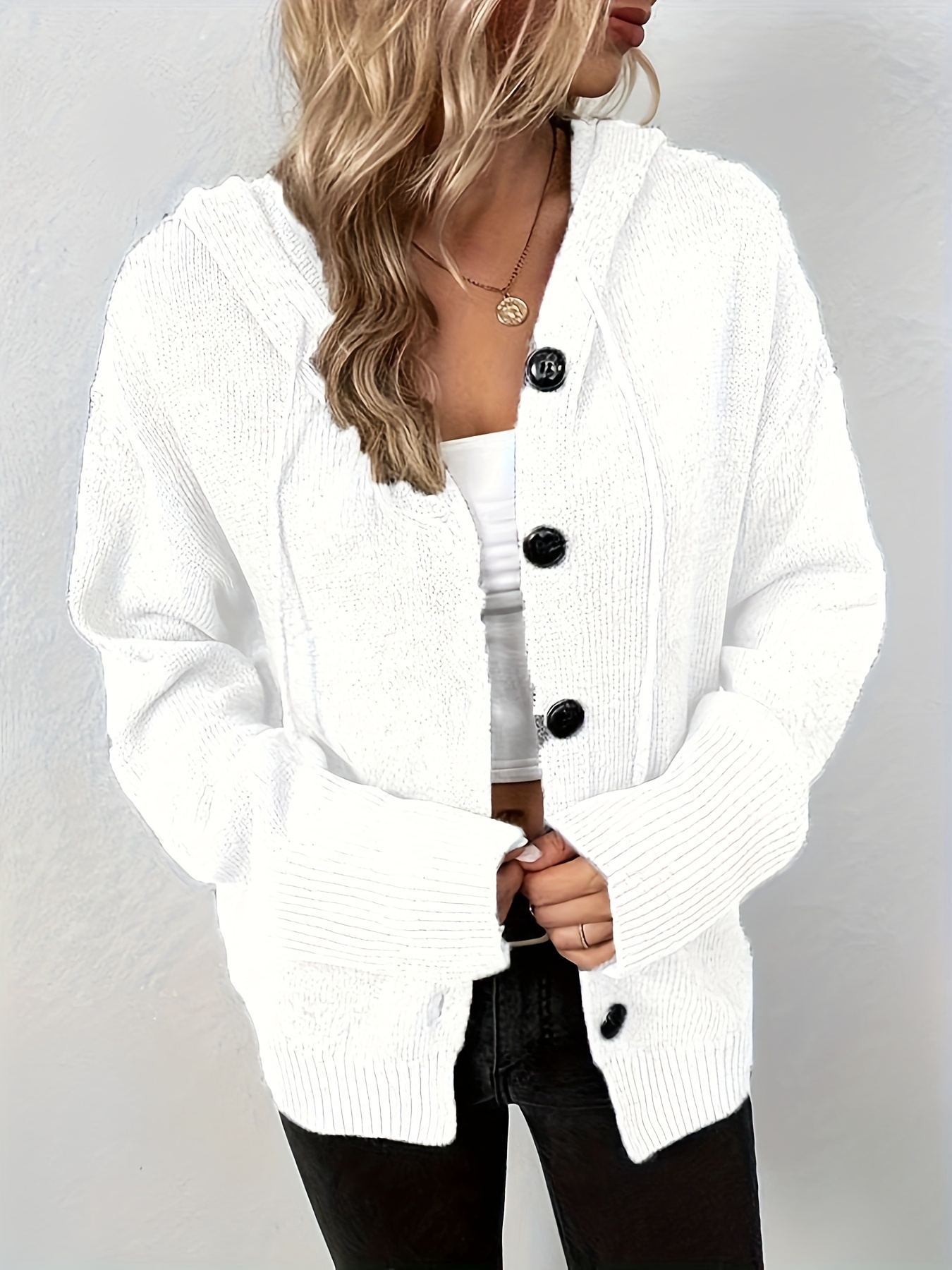 hooded knit cardigan casual button front drawstring long sleeve sweater womens clothing details 14