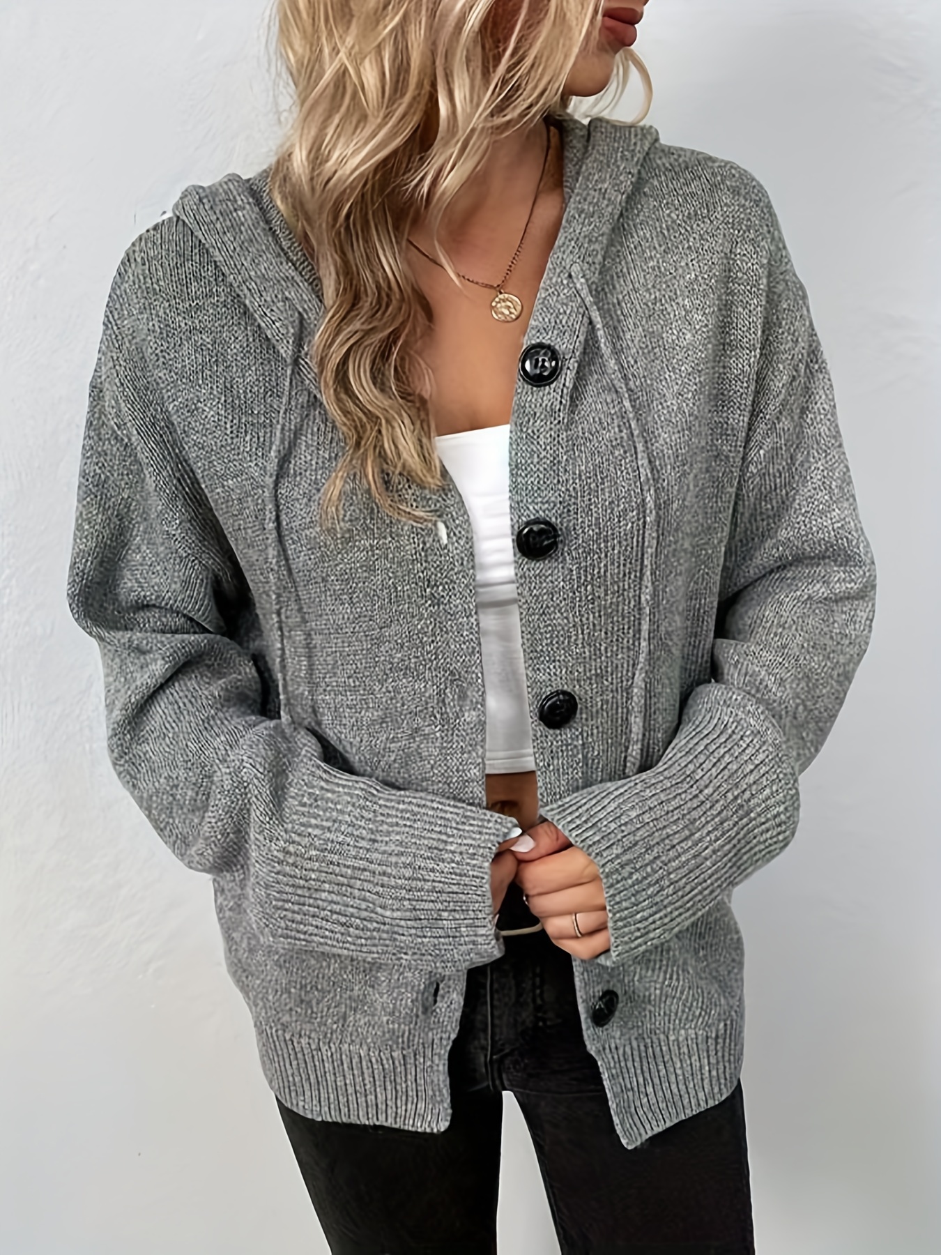 hooded knit cardigan casual button front drawstring long sleeve sweater womens clothing details 16