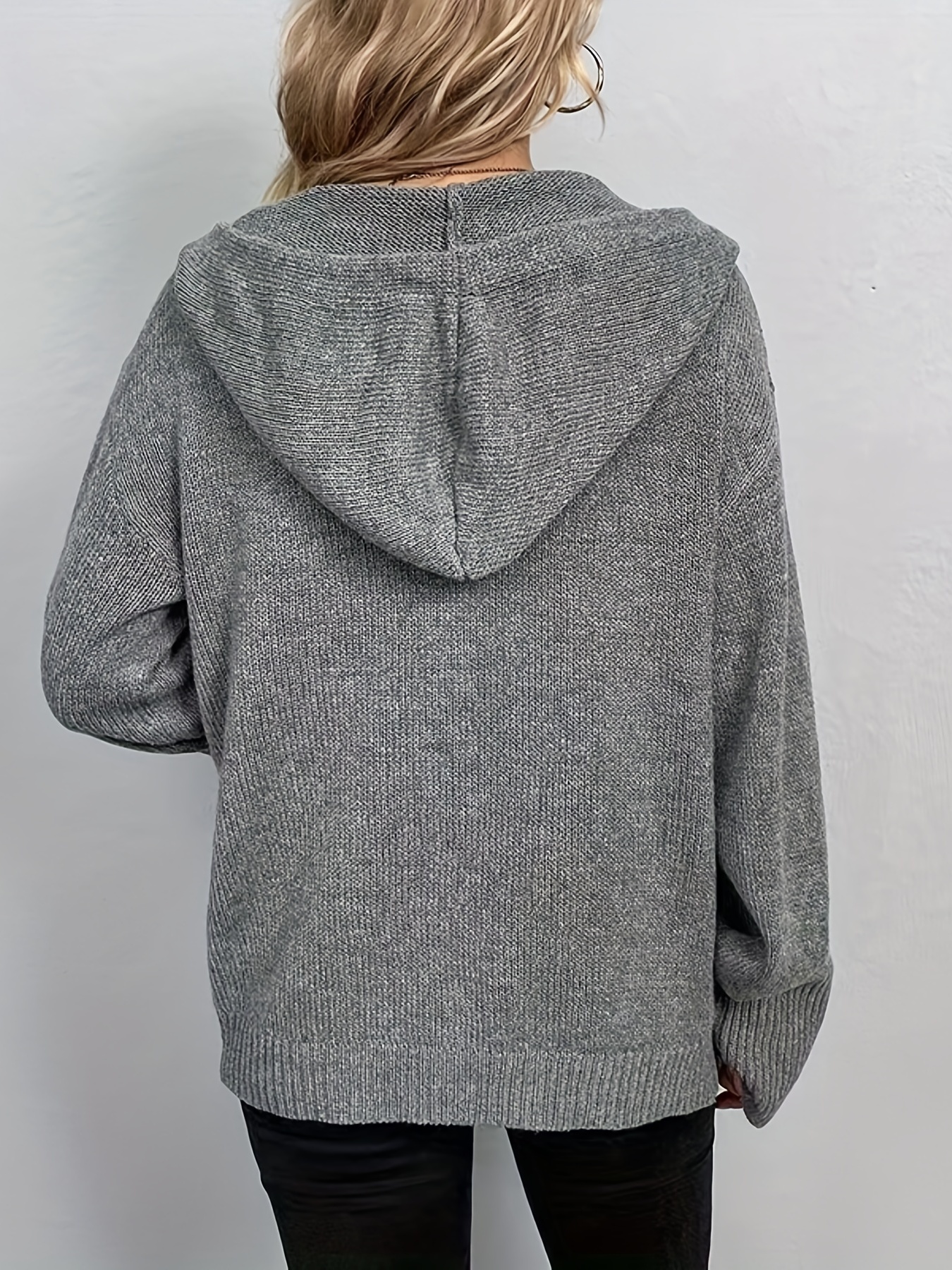 hooded knit cardigan casual button front drawstring long sleeve sweater womens clothing details 17