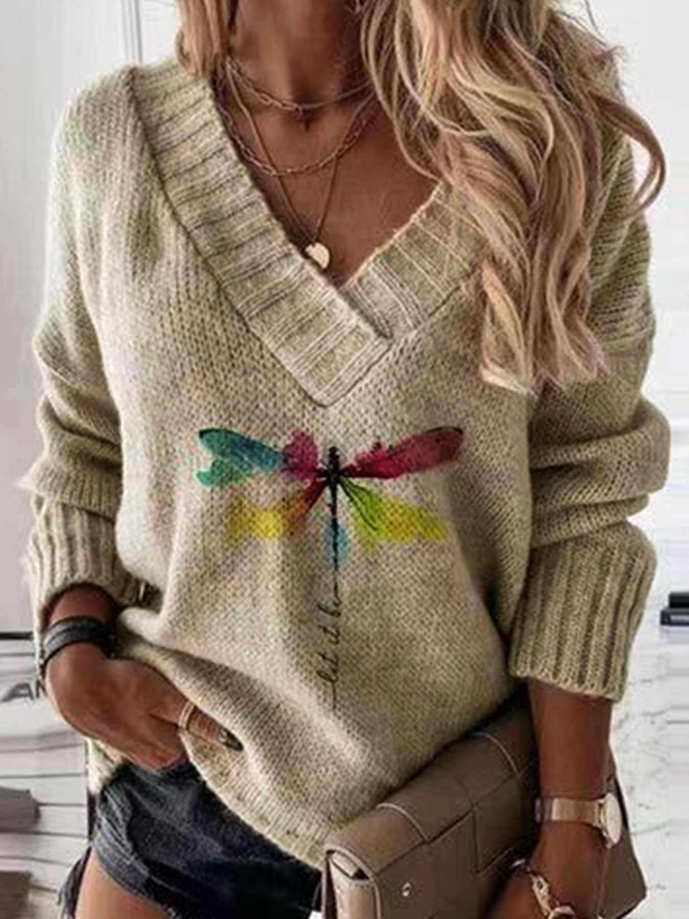 dragonfly pattern v neck pullover sweater casual long sleeve sweater for spring fall womens clothing details 0