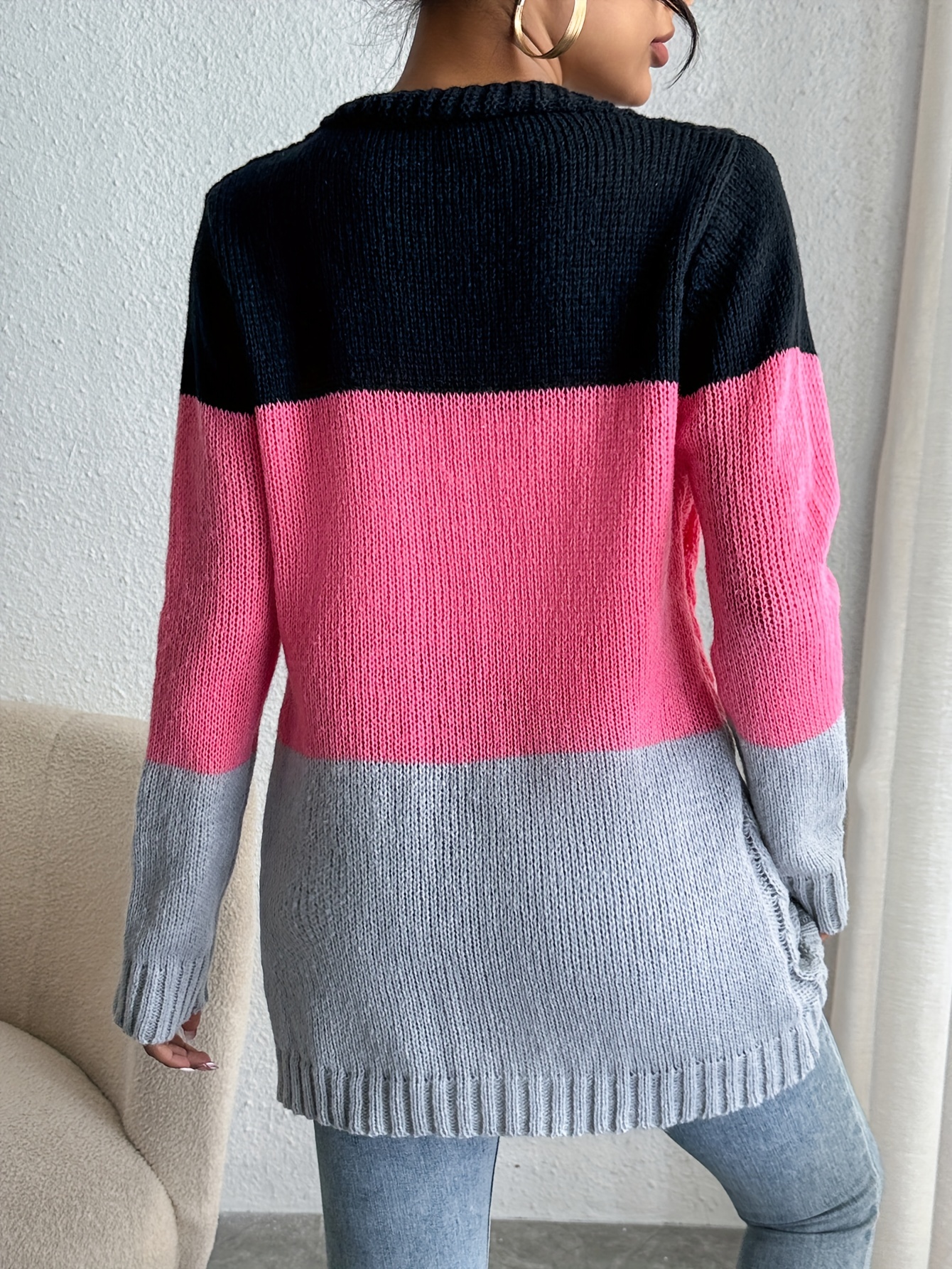 color block button front cardigan casual long sleeve cardigan for spring fall womens clothing details 8
