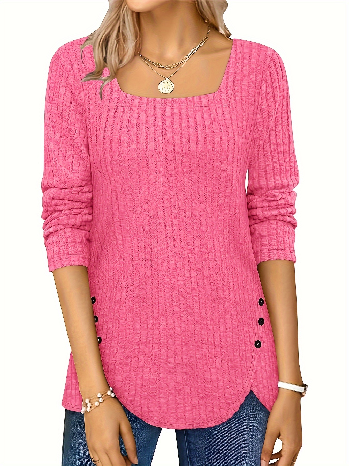 solid square neck knitted top casual long sleeve button sweater for spring fall womens clothing details 6