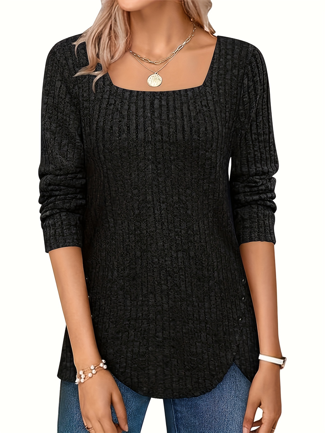 solid square neck knitted top casual long sleeve button sweater for spring fall womens clothing details 15