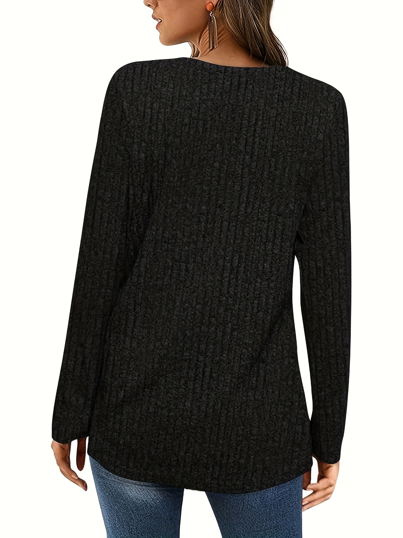 solid square neck knitted top casual long sleeve button sweater for spring fall womens clothing details 17