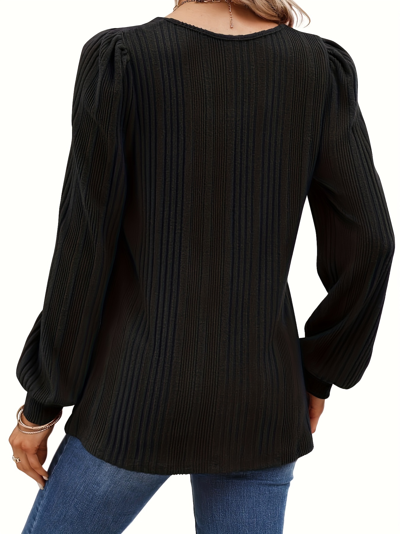 solid square neck rib knit top elegant long sleeve sweater for spring fall womens clothing details 1
