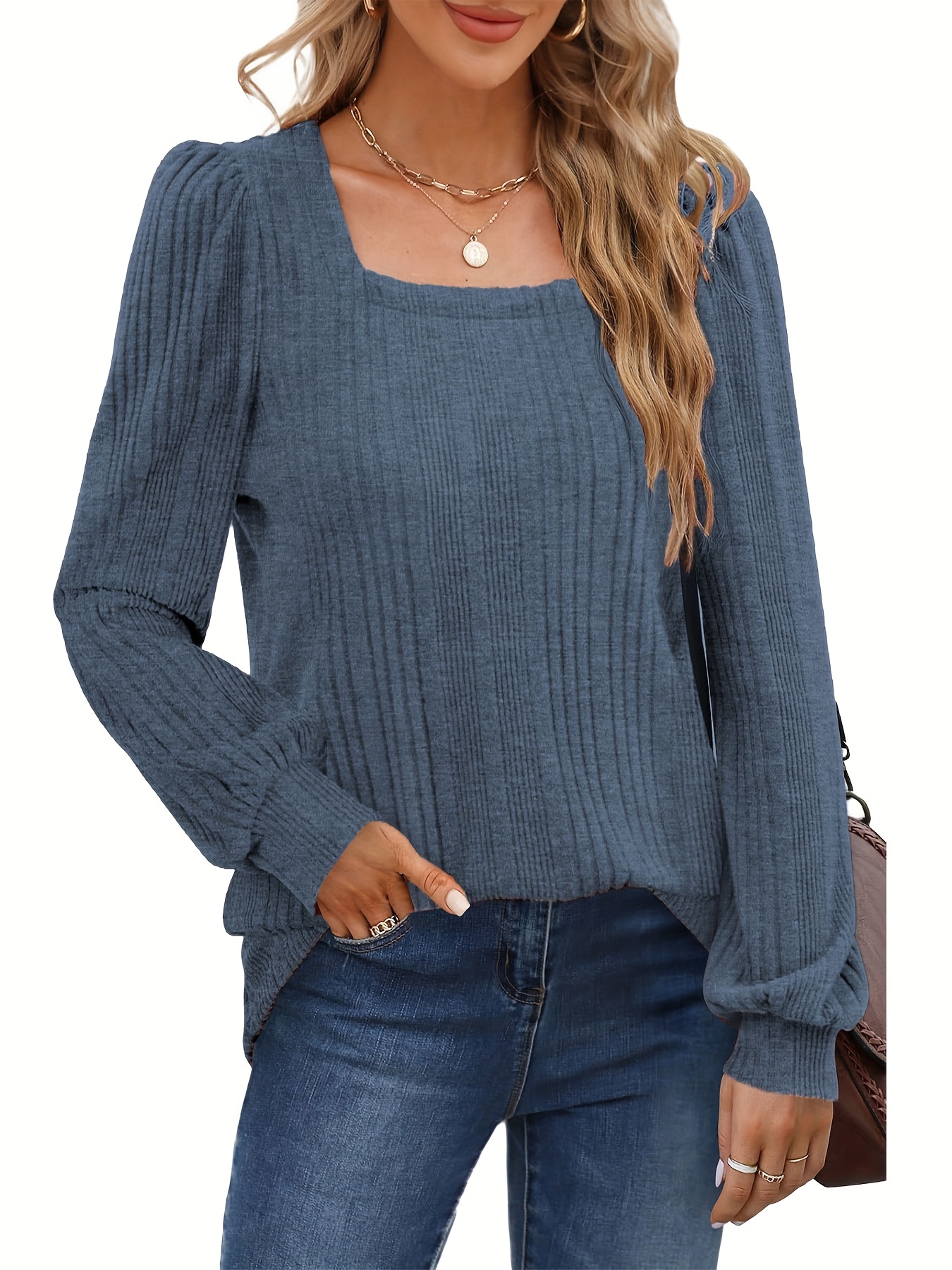 solid square neck rib knit top elegant long sleeve sweater for spring fall womens clothing details 14