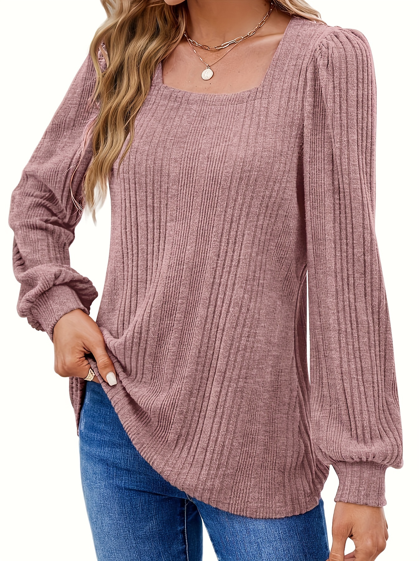 solid square neck rib knit top elegant long sleeve sweater for spring fall womens clothing details 18