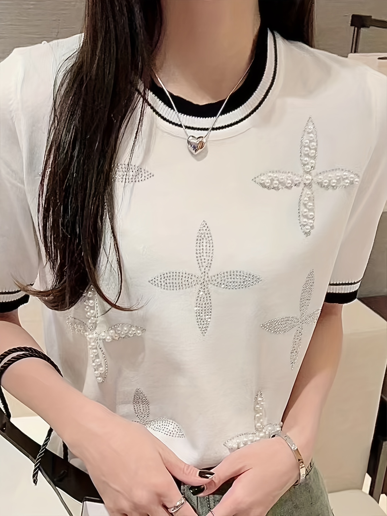 beaded rhinestone crew neck knitted top casual short sleeve sweater for spring summer womens clothing details 3