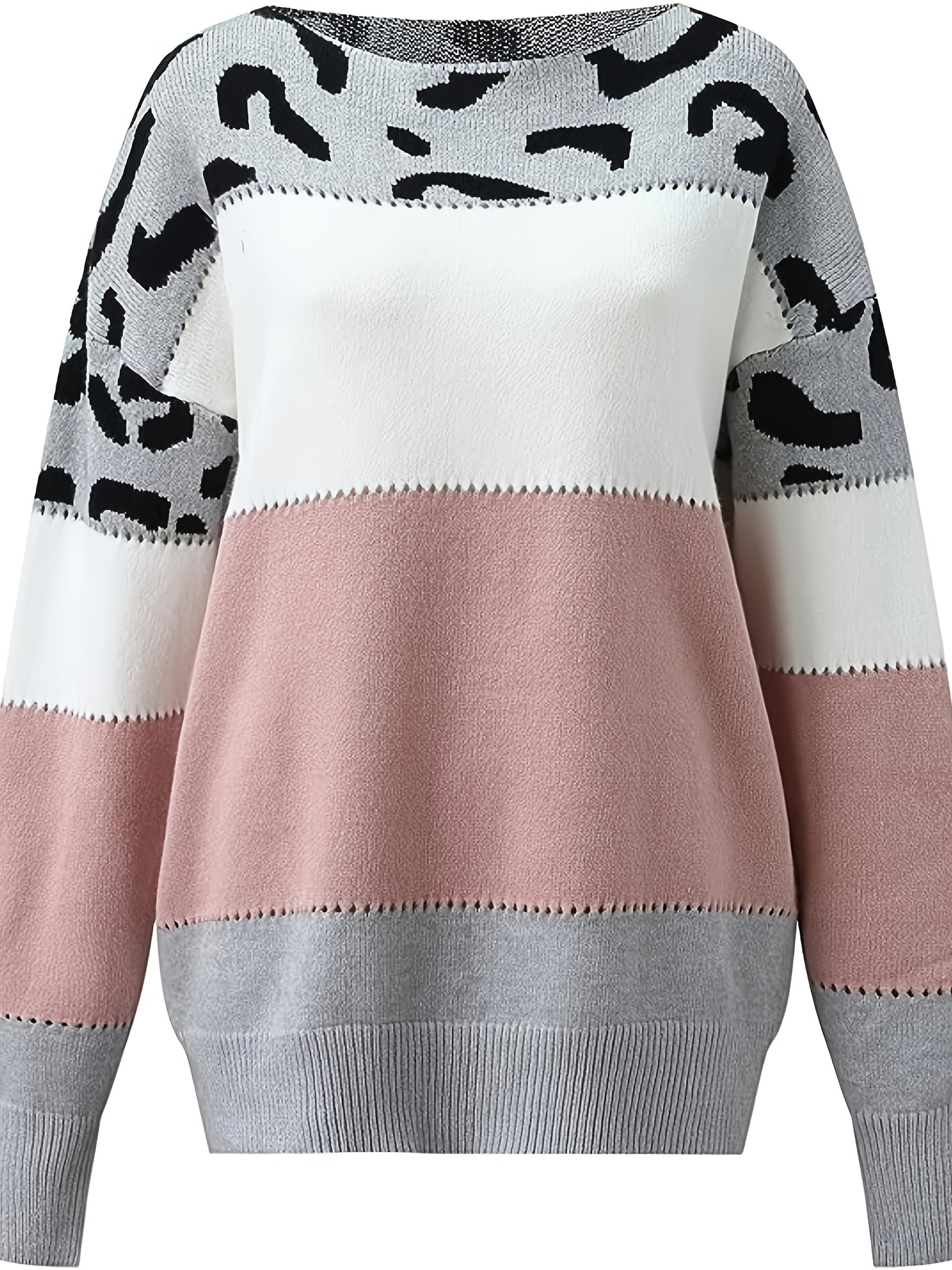 contrast leopard print boat neck pullover sweater casual long sleeve sweater for spring fall womens clothing details 3