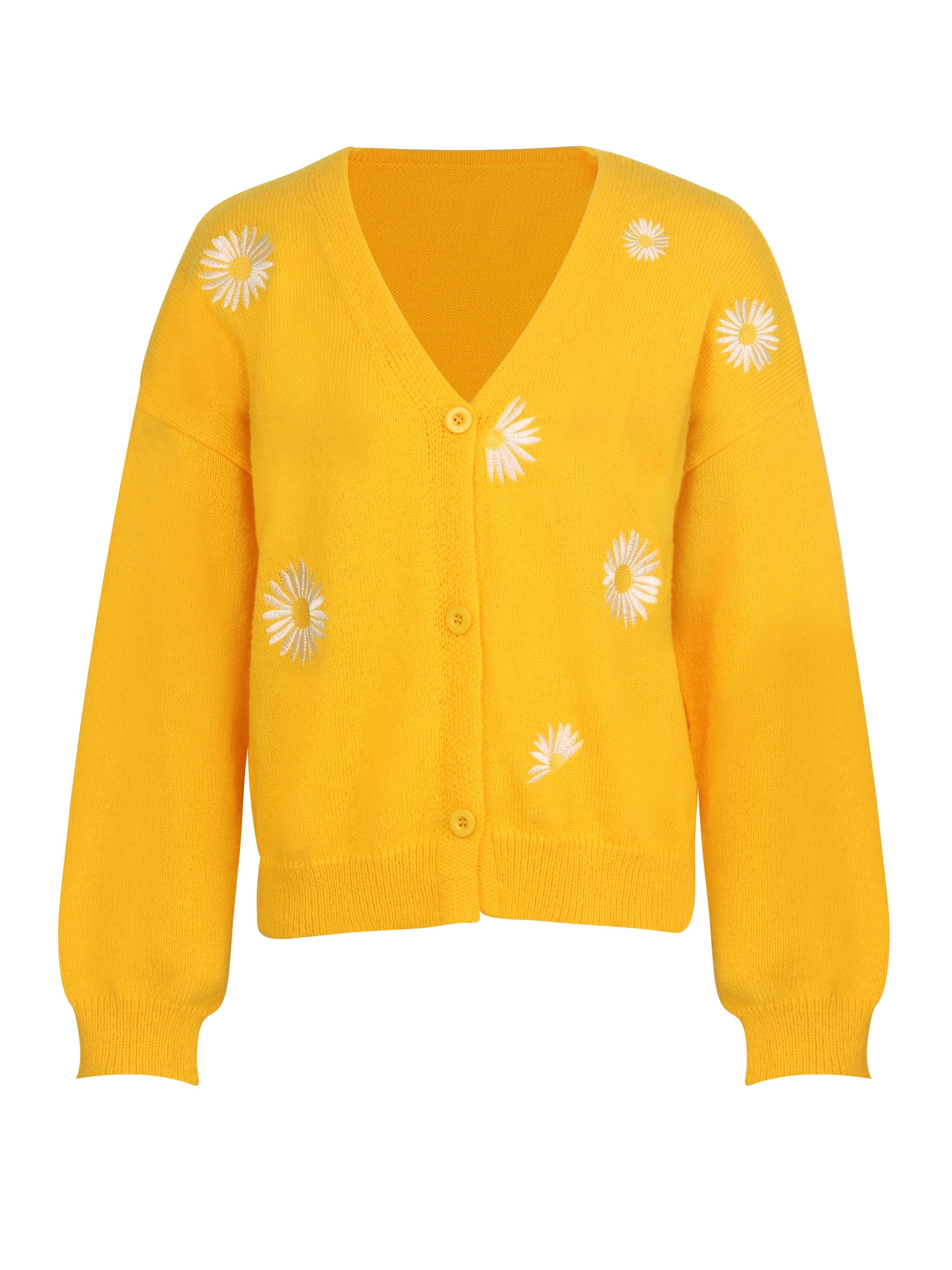 daisy pattern embroidered knitted cardigan button front elegant long sleeve sweater for spring fall womens clothing details 6
