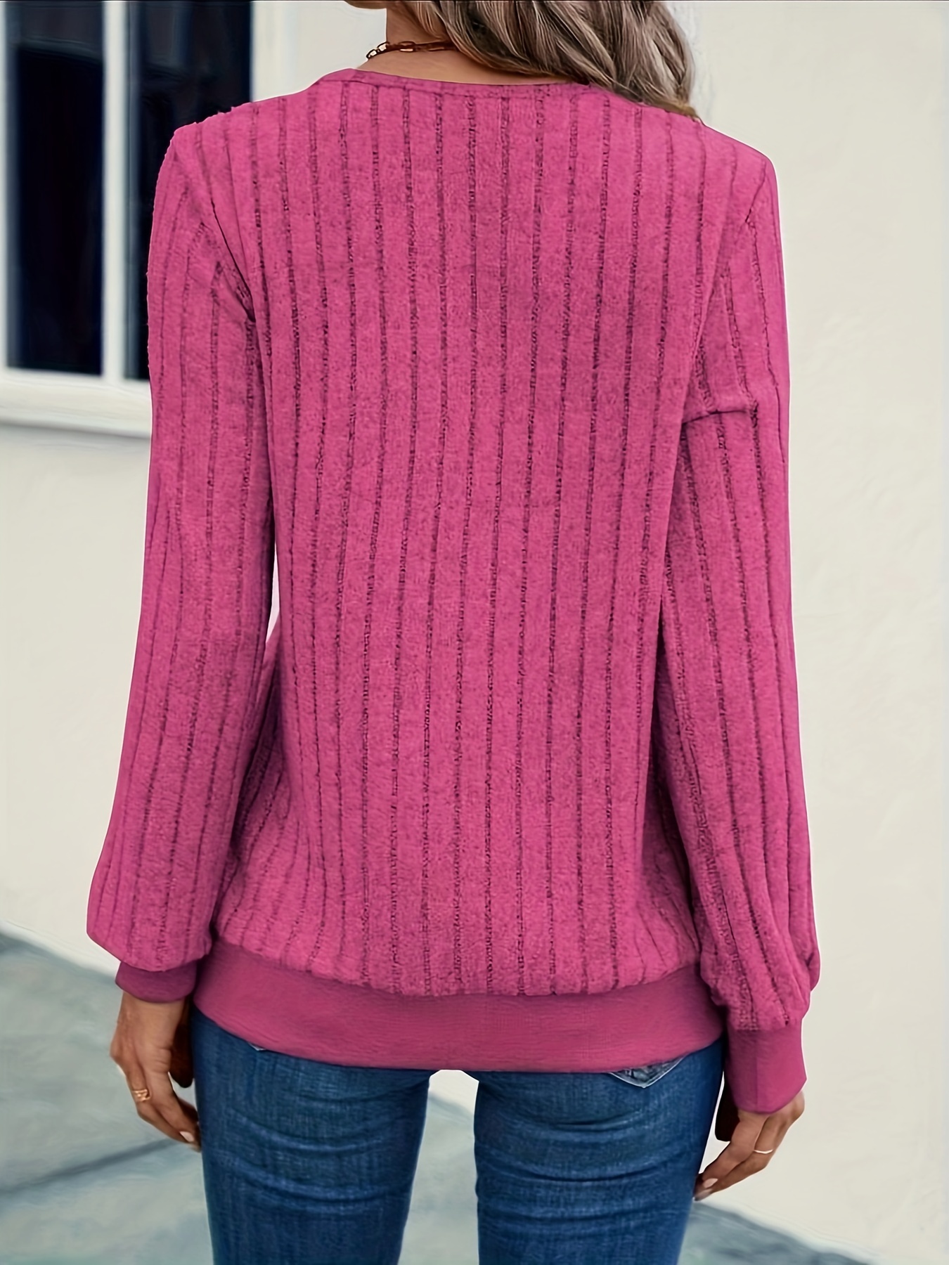 solid ribbed knitted pullover sweater casual v neck long sleeve sweater for fall winter womens clothing details 3
