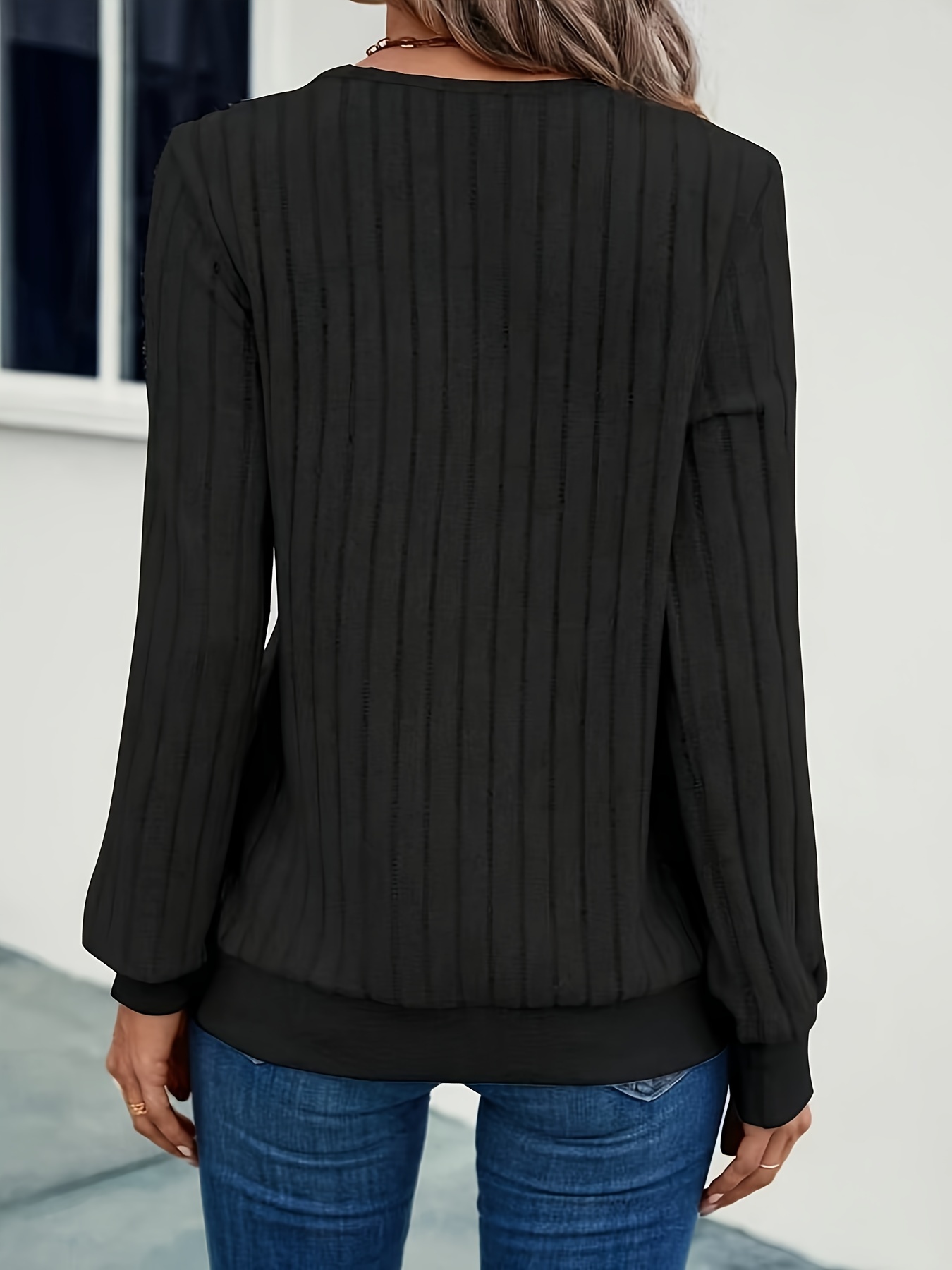 solid ribbed knitted pullover sweater casual v neck long sleeve sweater for fall winter womens clothing details 7