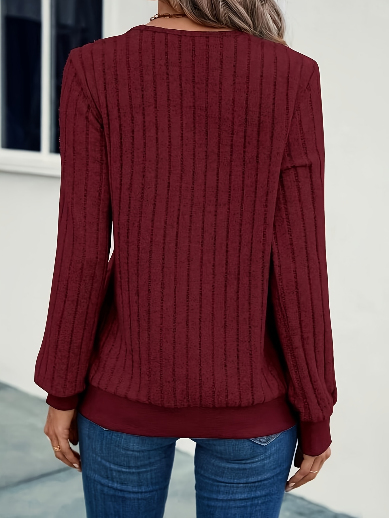 solid ribbed knitted pullover sweater casual v neck long sleeve sweater for fall winter womens clothing details 11
