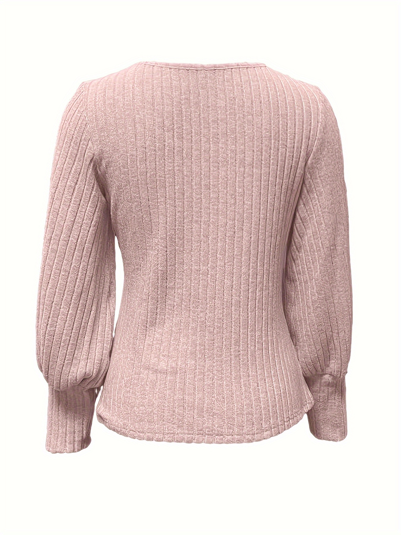 solid ribbed crew neck sweater casual long sleeve button decor sweater womens clothing details 1