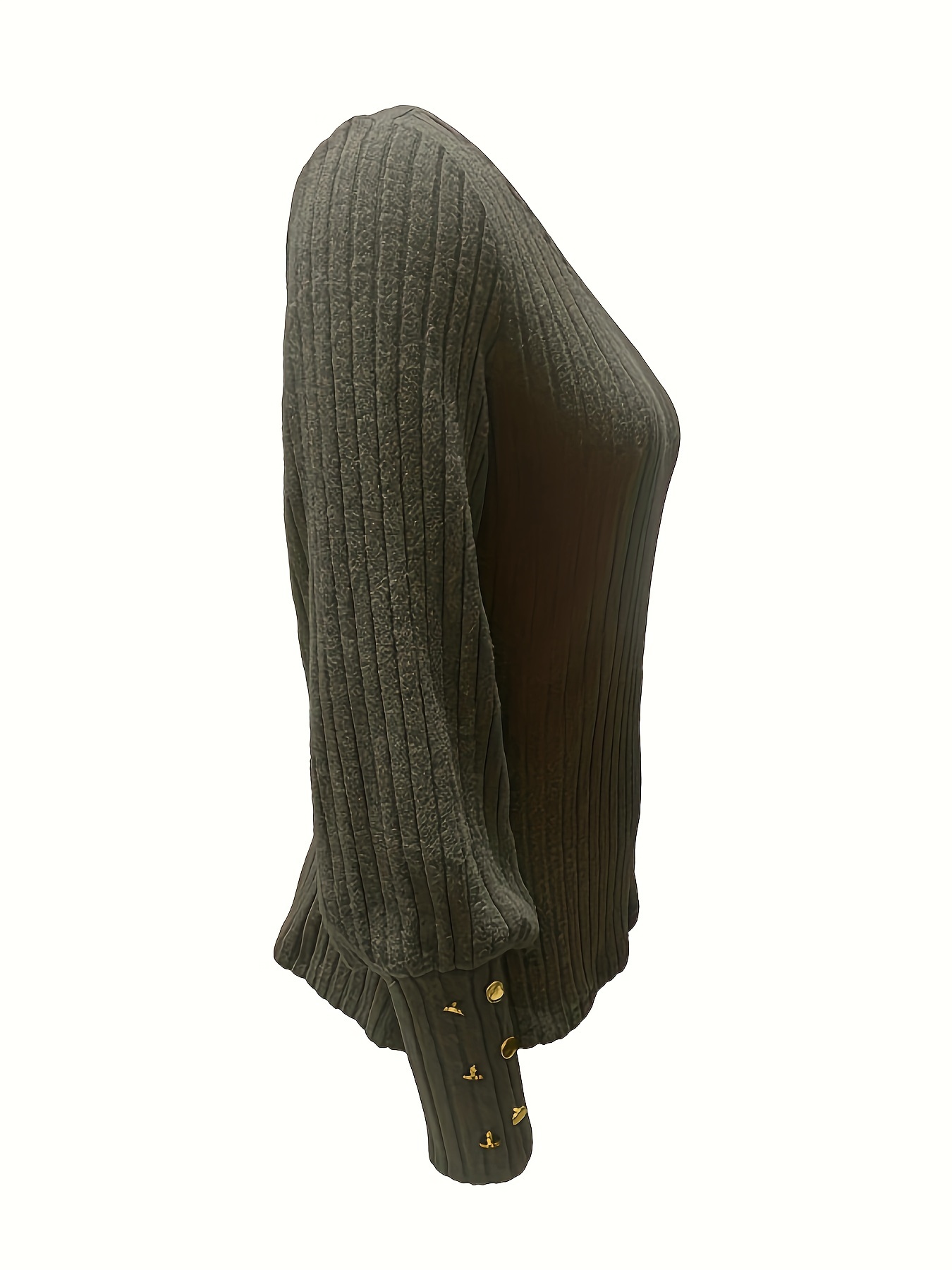 solid ribbed crew neck sweater casual long sleeve button decor sweater womens clothing details 14