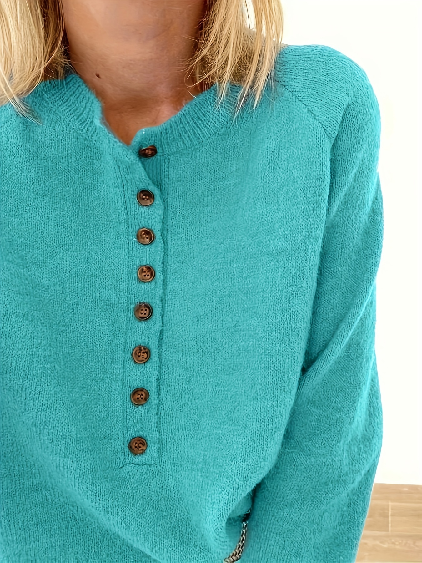 solid button down pullover sweater casual long sleeve drop shoulder sweater womens clothing details 4
