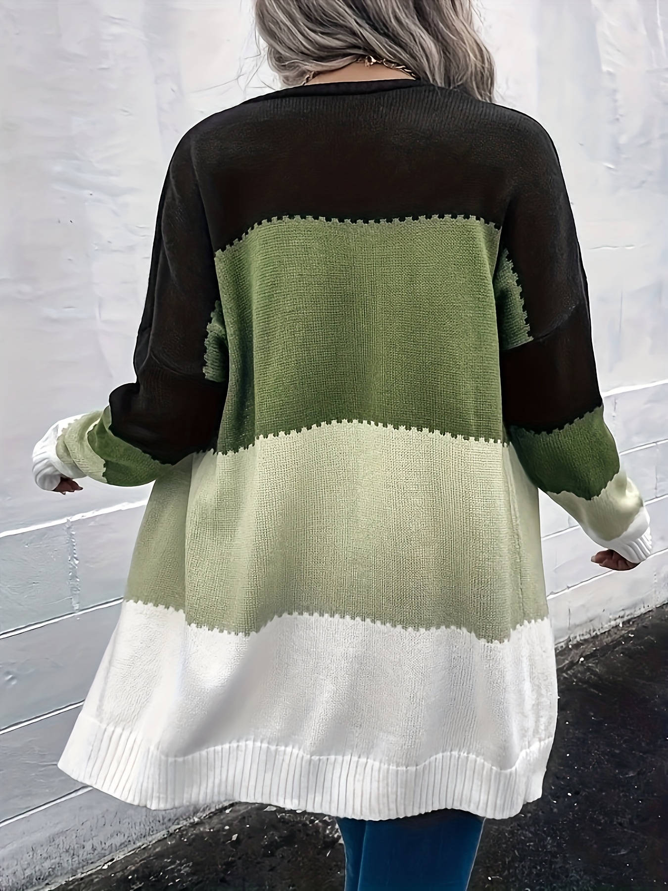 color block open front cardigan long sleeve casual sweater for winter fall womens clothing details 8