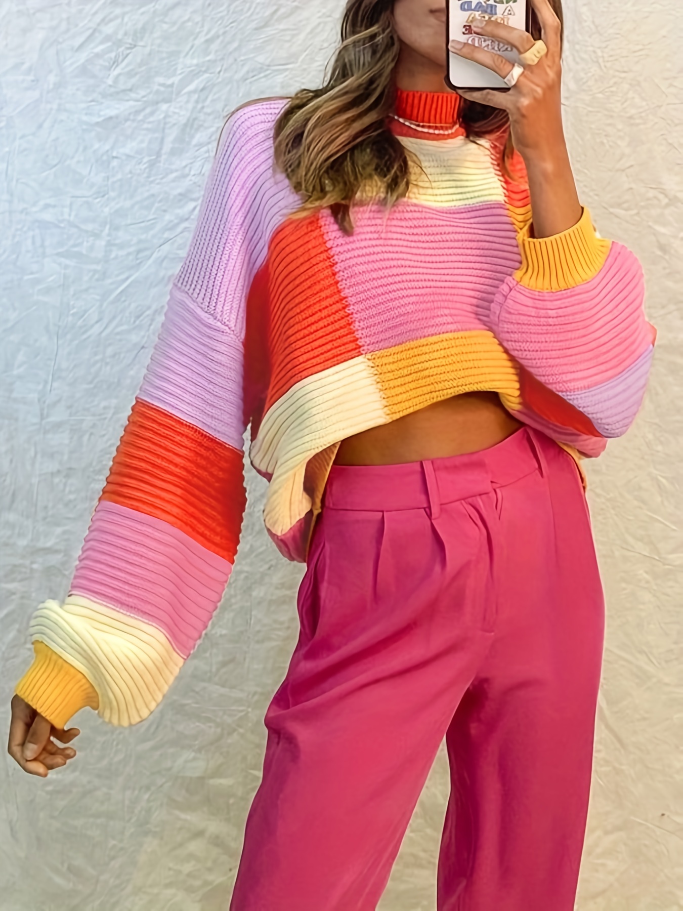 color block mock neck pullover sweater y2k long sleeve sweater for fall winter womens clothing details 1