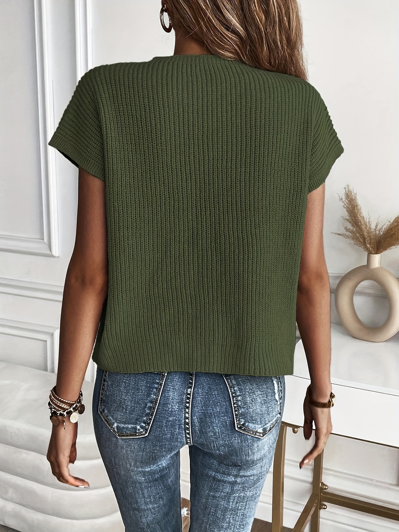 solid crew neck rib knit sweater casual short sleeve patched pocket pullover top womens clothing details 2