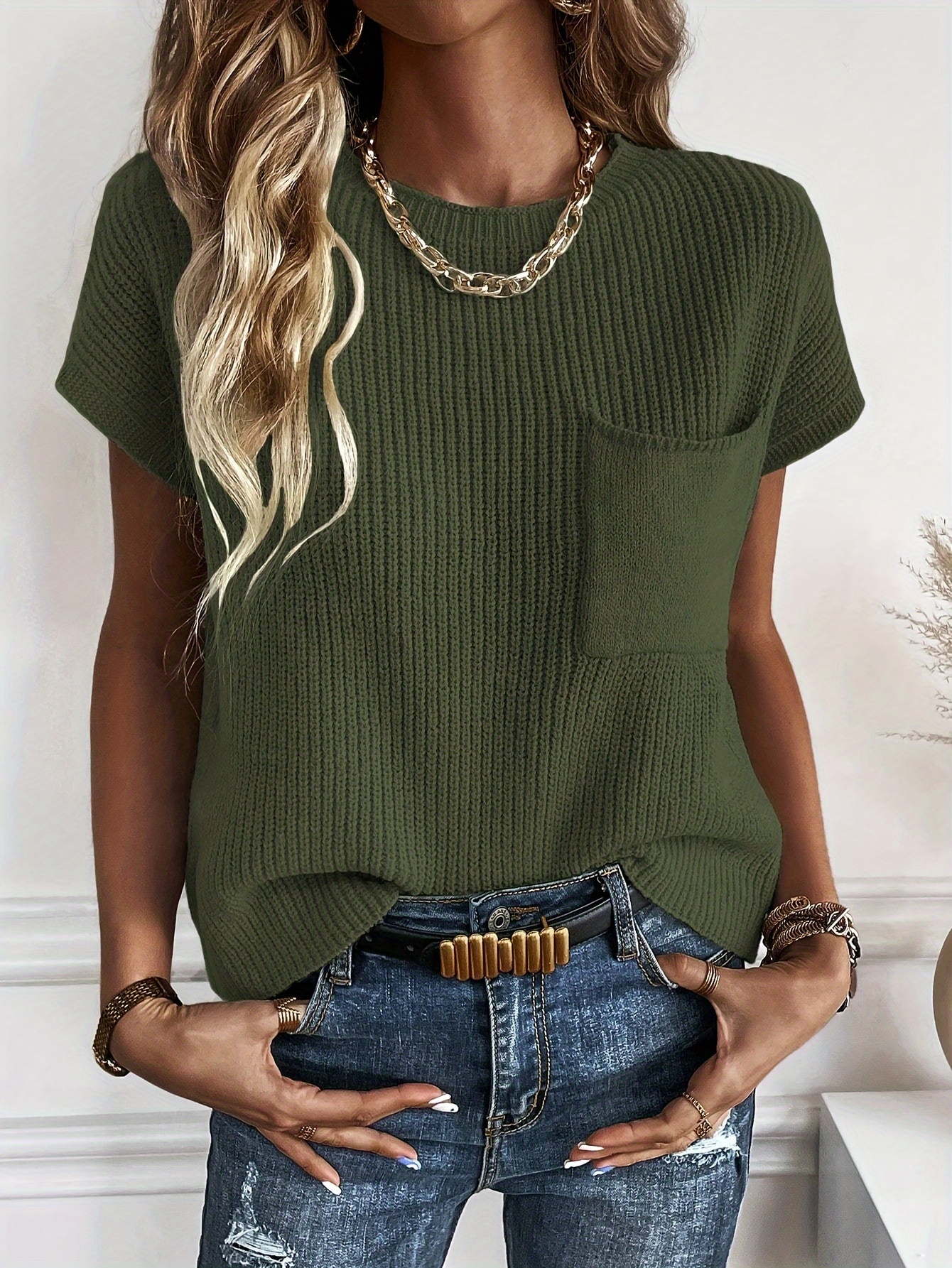 solid crew neck rib knit sweater casual short sleeve patched pocket pullover top womens clothing details 3