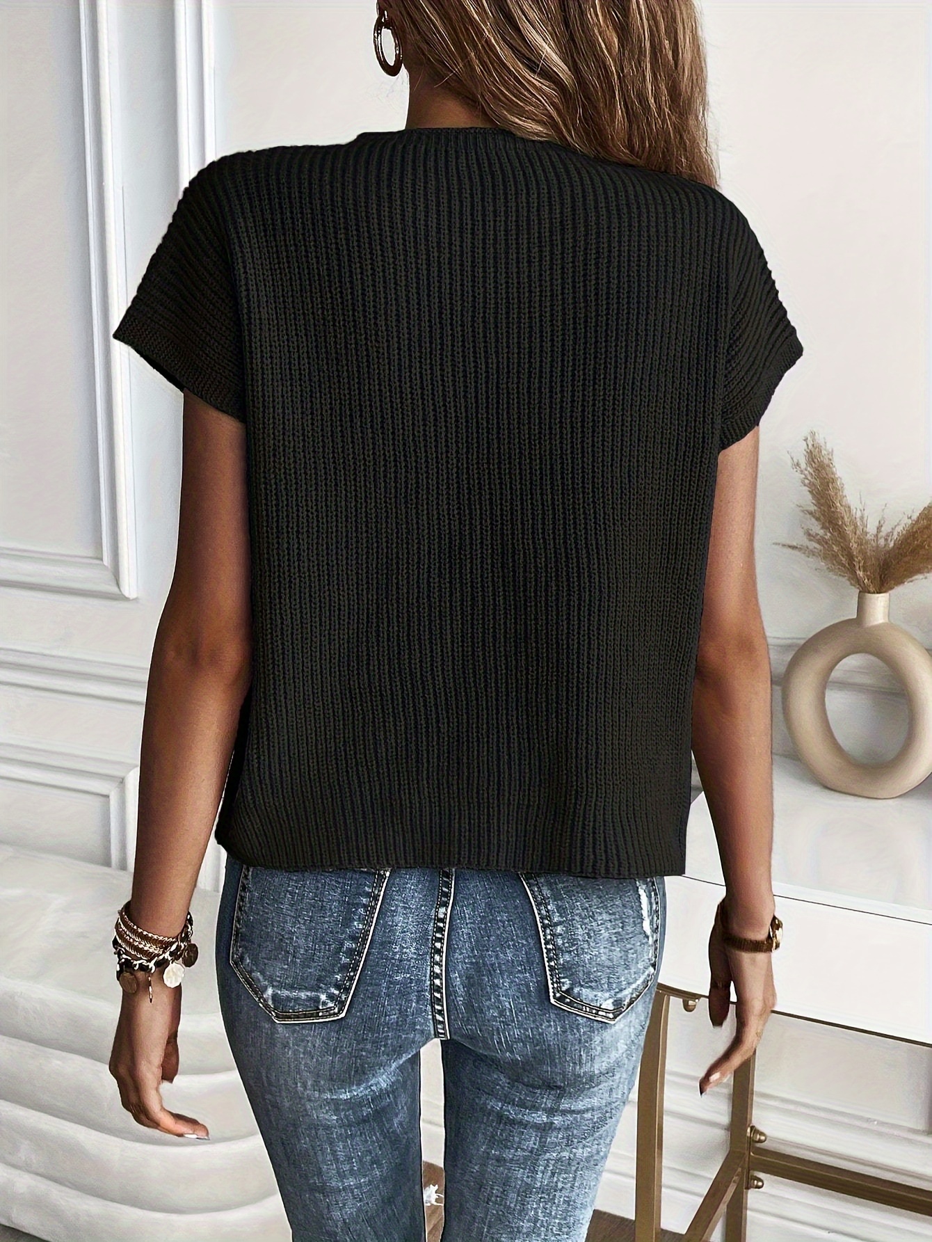 solid crew neck rib knit sweater casual short sleeve patched pocket pullover top womens clothing details 12