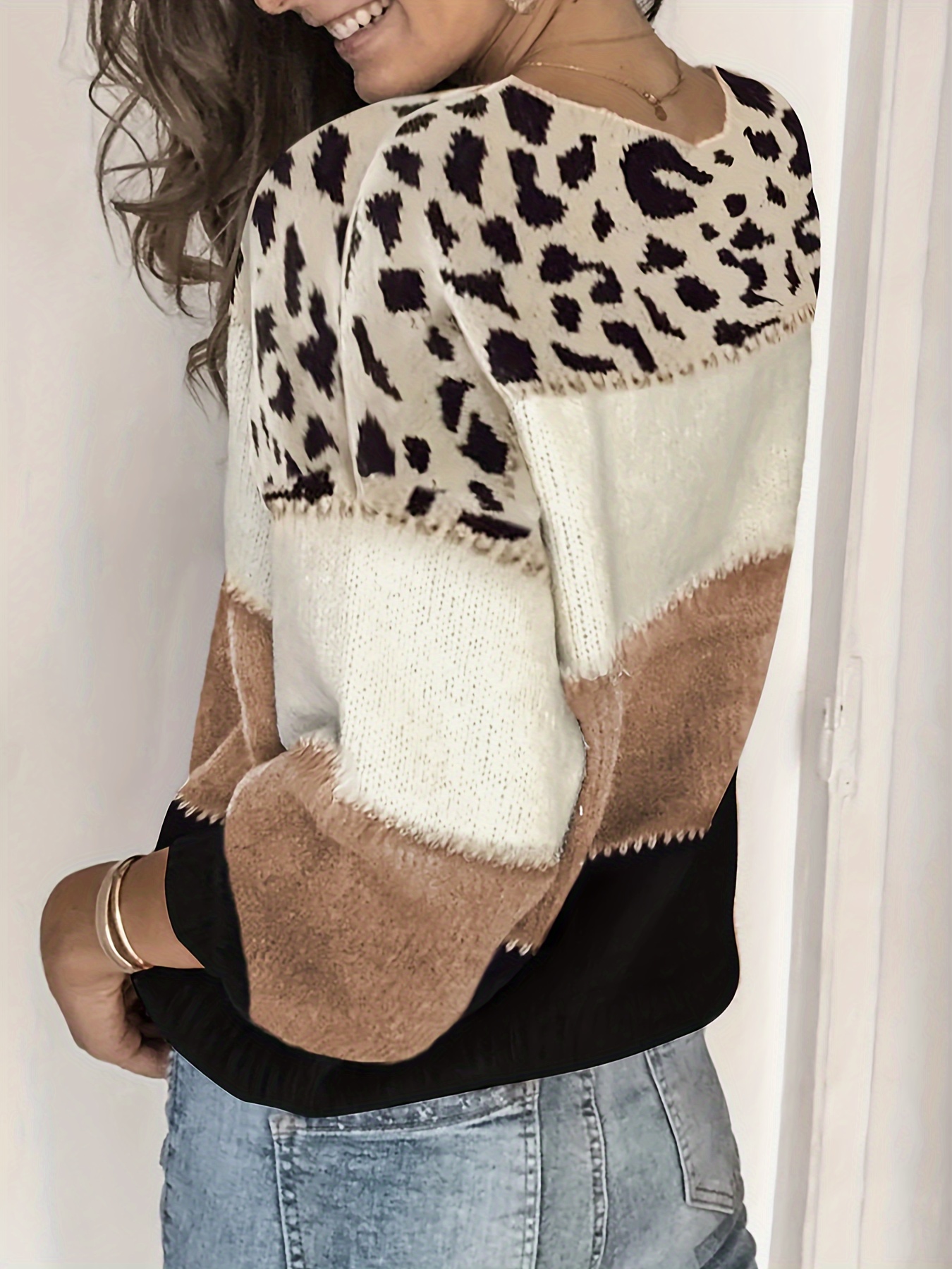 leopard pattern striped pullover sweater casual long sleeve crew neck sweater womens clothing details 0