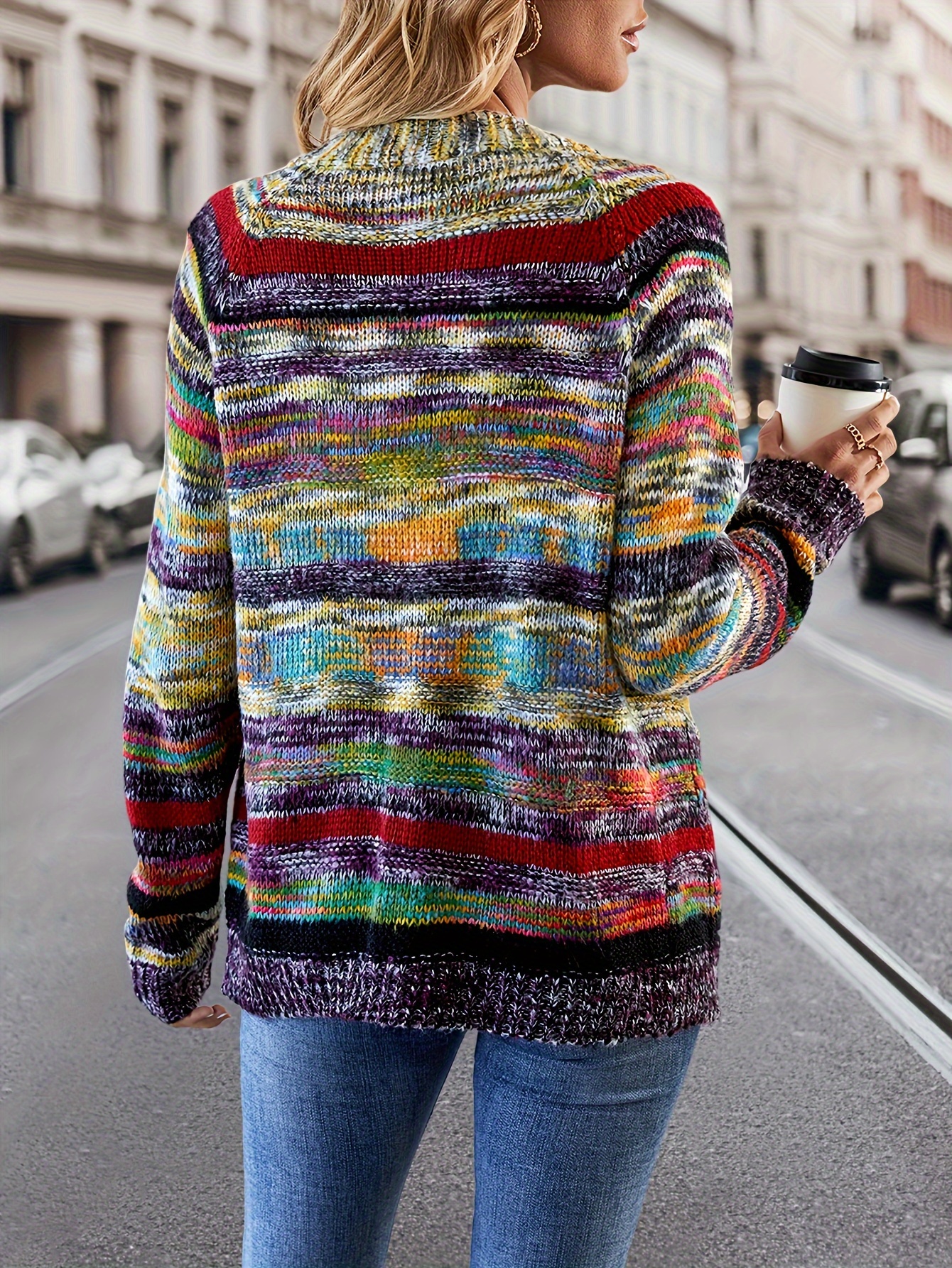 rainbow striped open front cardigan casual long sleeve cardigan for spring fall womens clothing details 1
