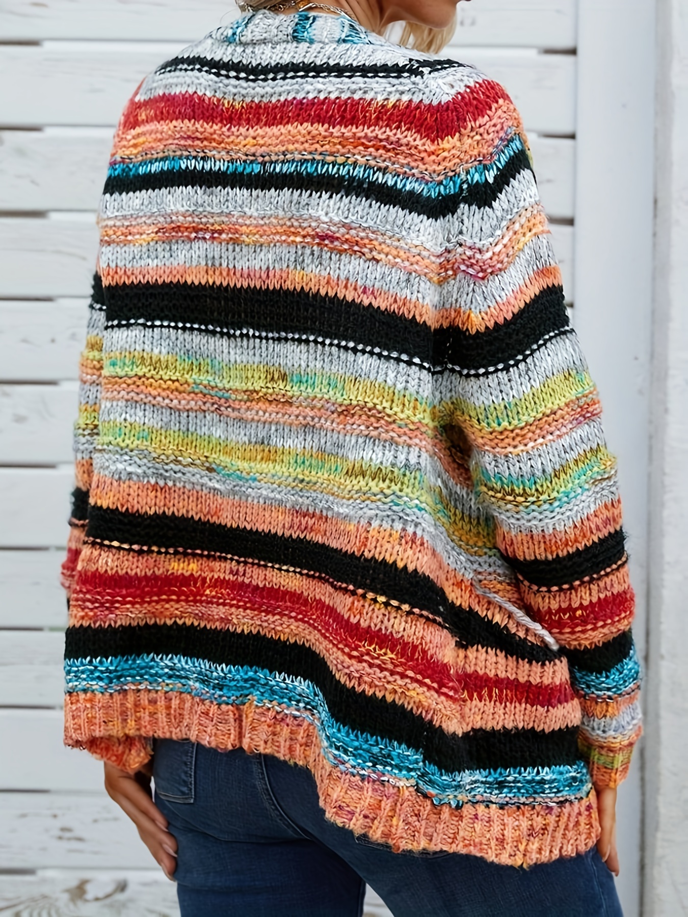 rainbow striped open front cardigan casual long sleeve cardigan for spring fall womens clothing details 8