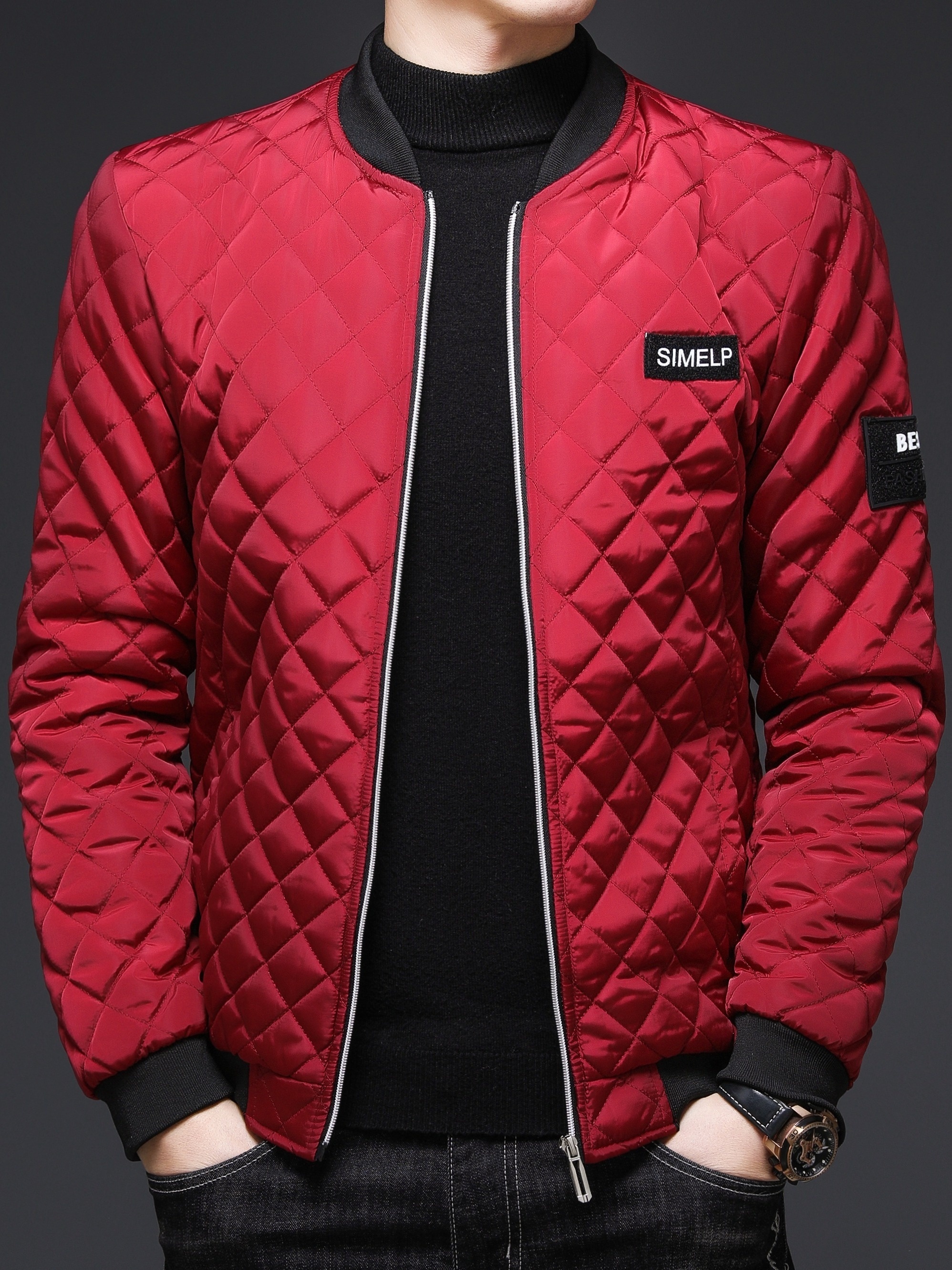 mens casual plaid zip up jacket chic baseball collar jacket for fall winter details 0