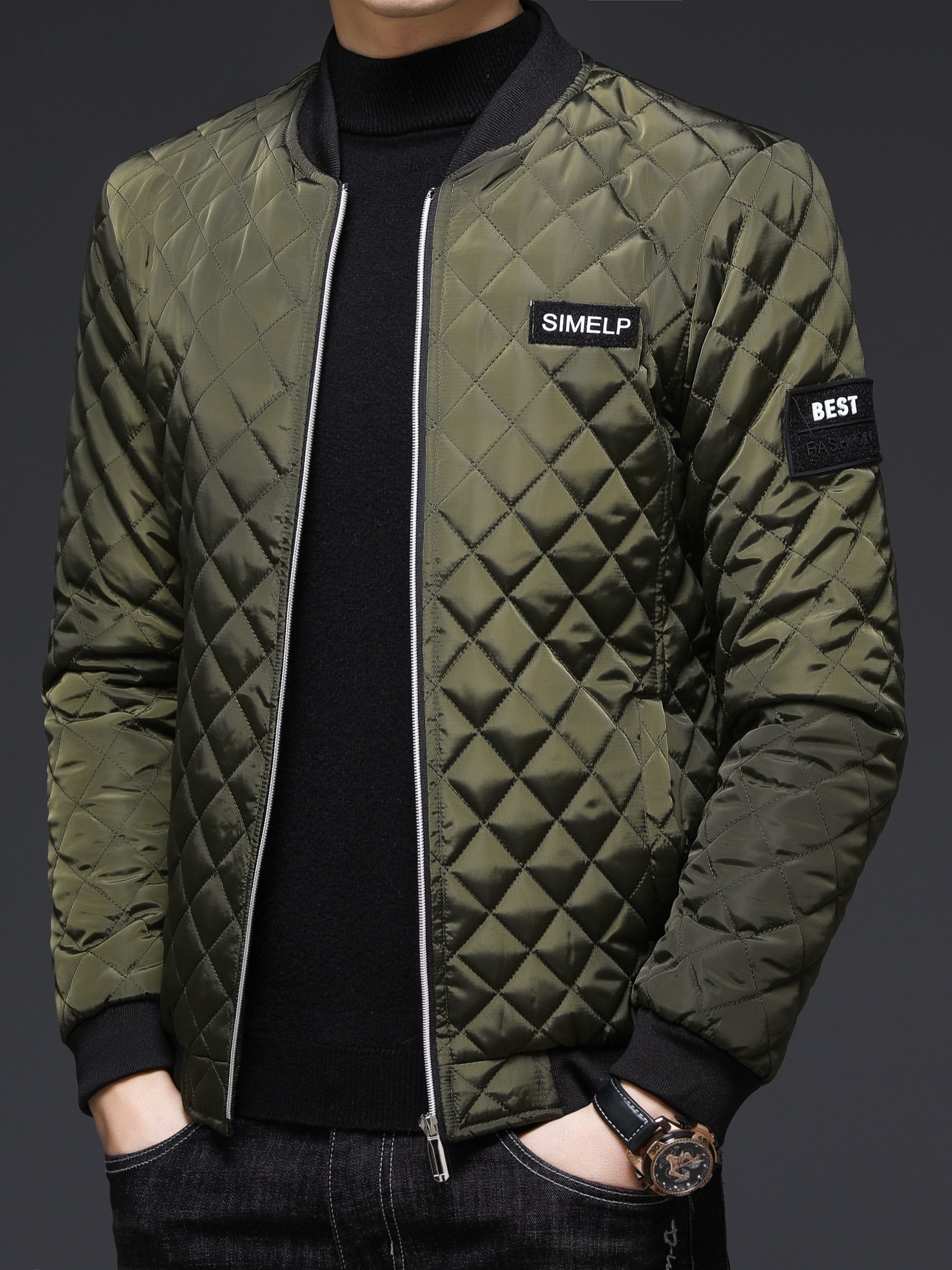 mens casual plaid zip up jacket chic baseball collar jacket for fall winter details 5