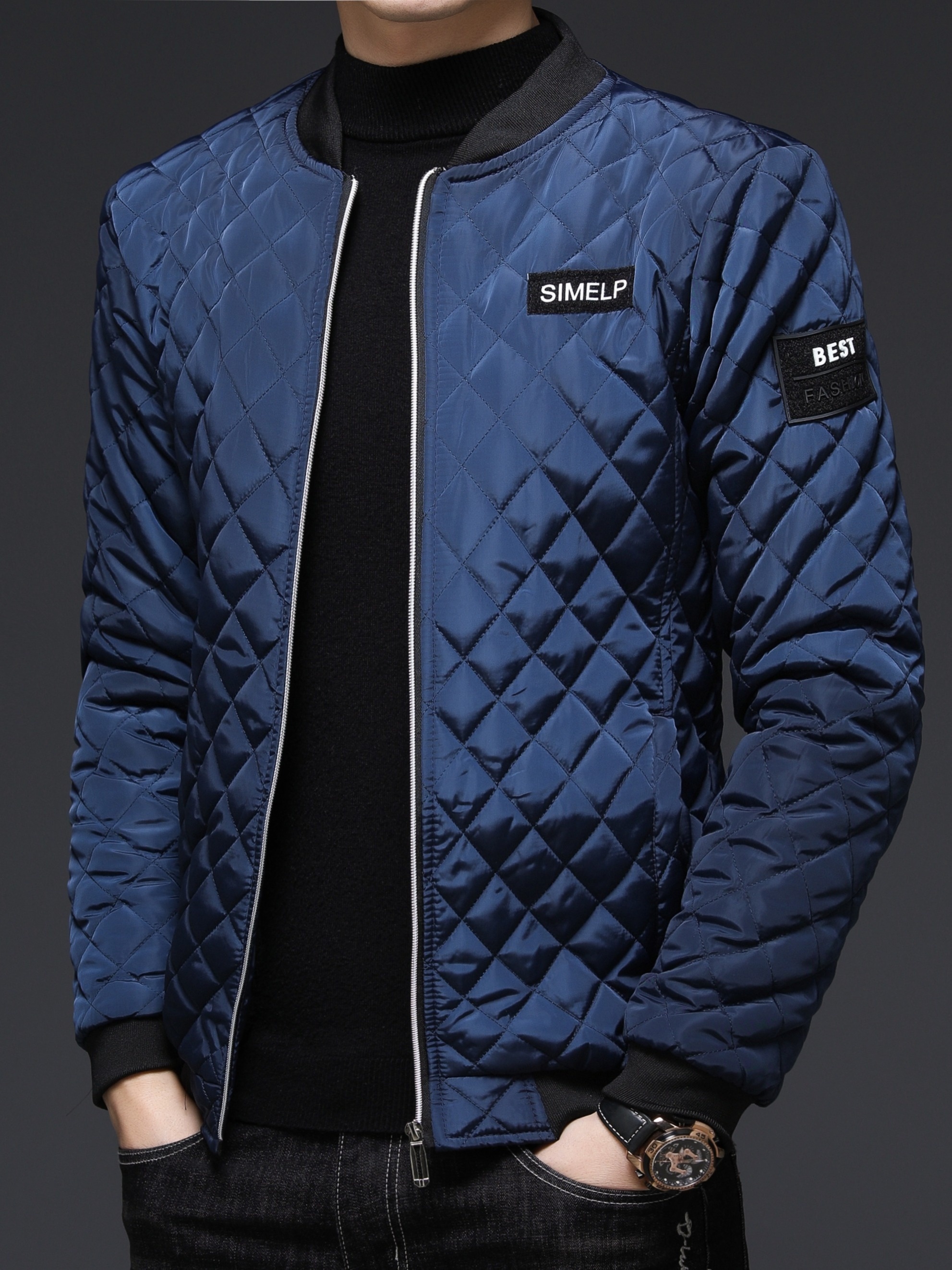 mens casual plaid zip up jacket chic baseball collar jacket for fall winter details 10