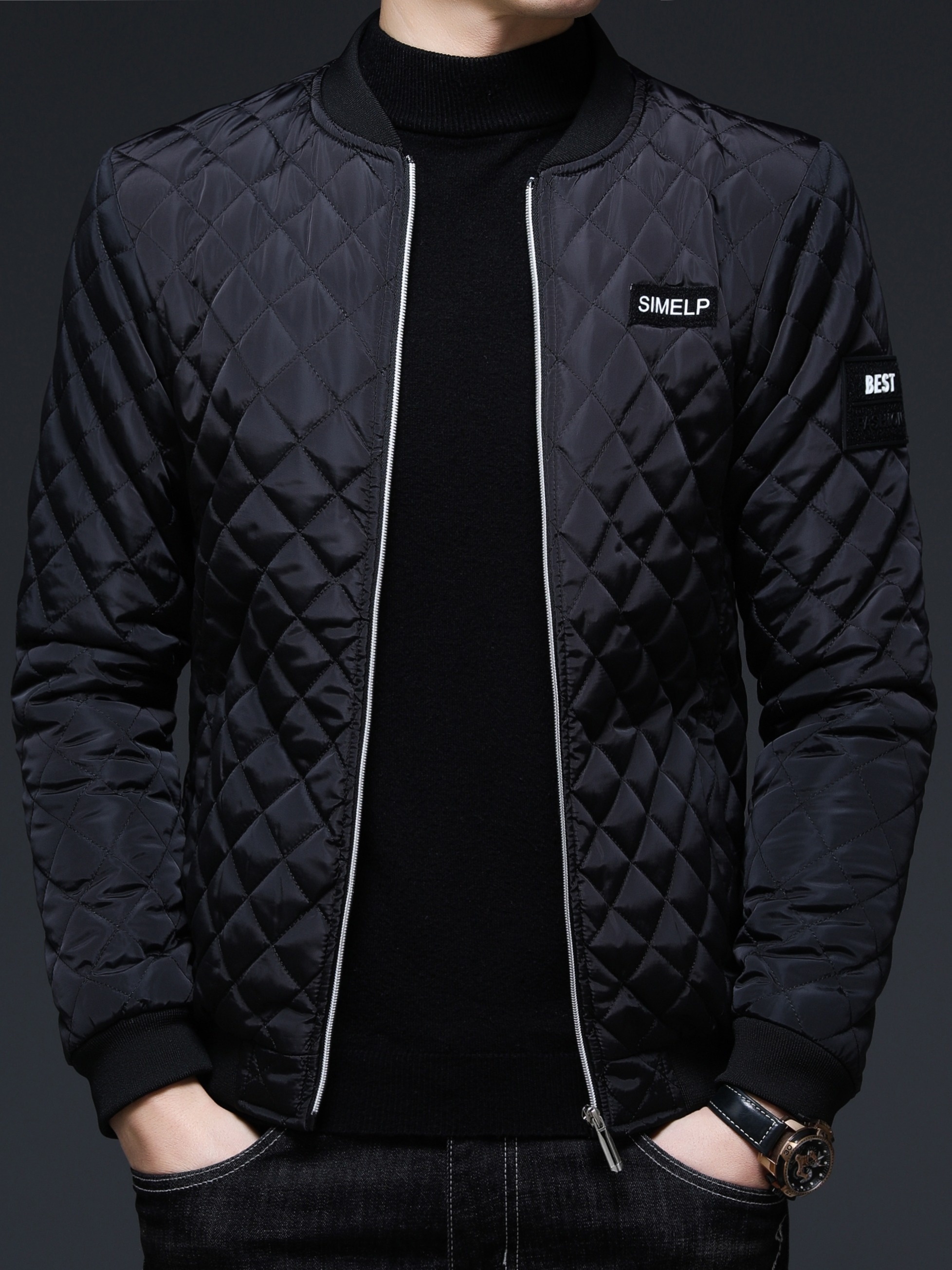 mens casual plaid zip up jacket chic baseball collar jacket for fall winter details 19