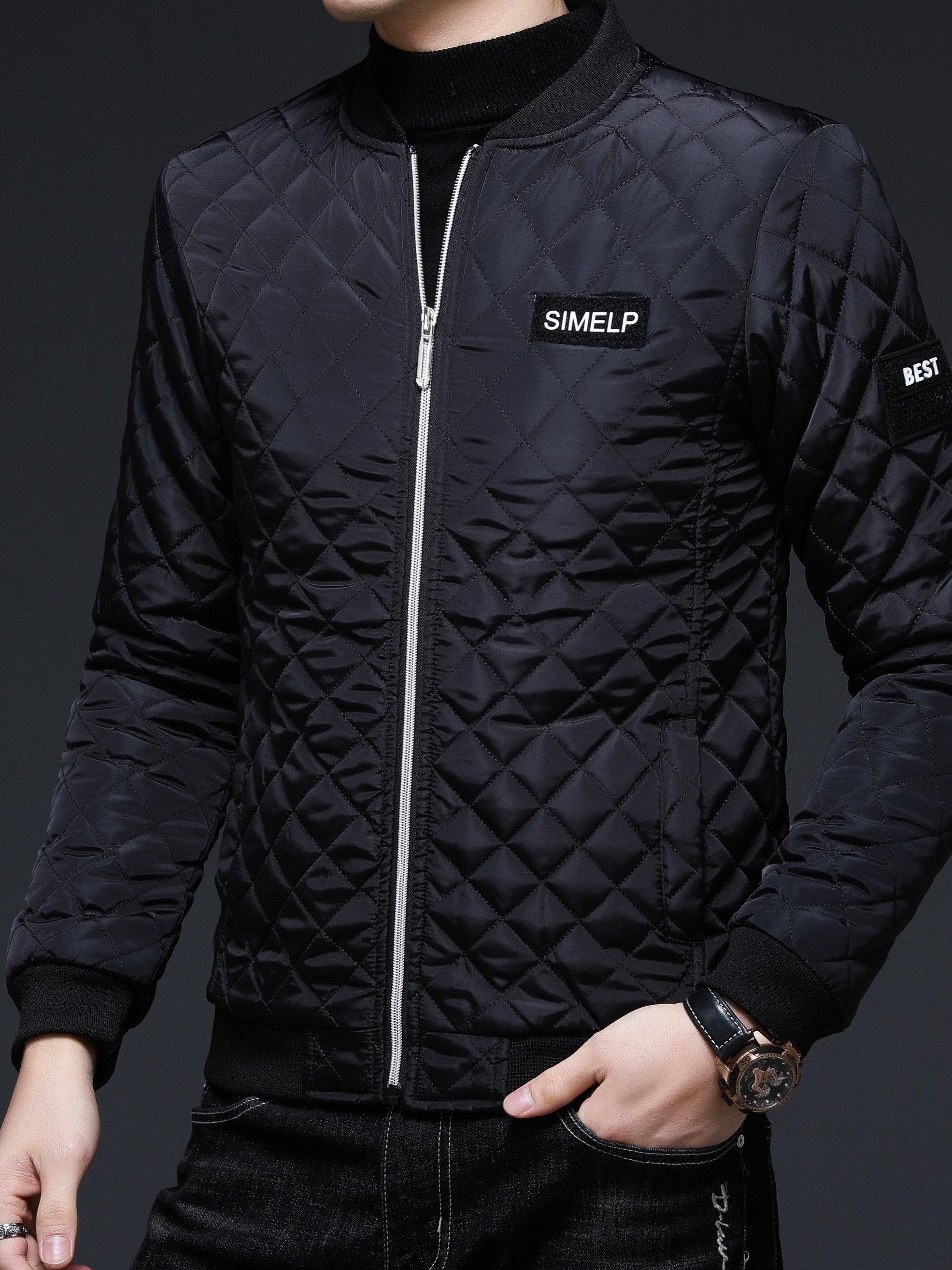 mens casual plaid zip up jacket chic baseball collar jacket for fall winter details 20