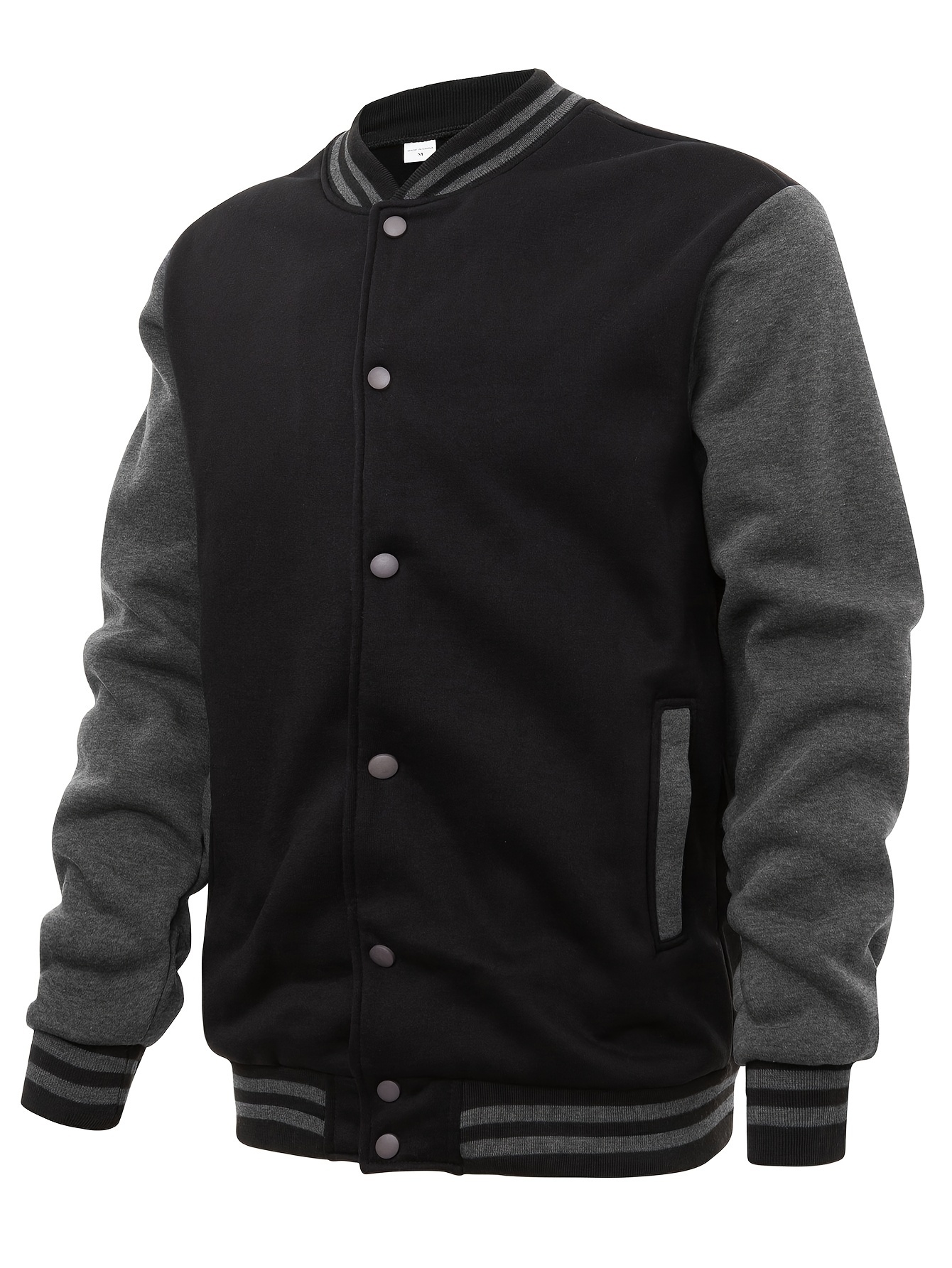 mens varsity style contrast color long sleeve and button down baseball jacket with stand collar and pockets chic and casual sports jacket for spring and autumn outdoors activities details 5