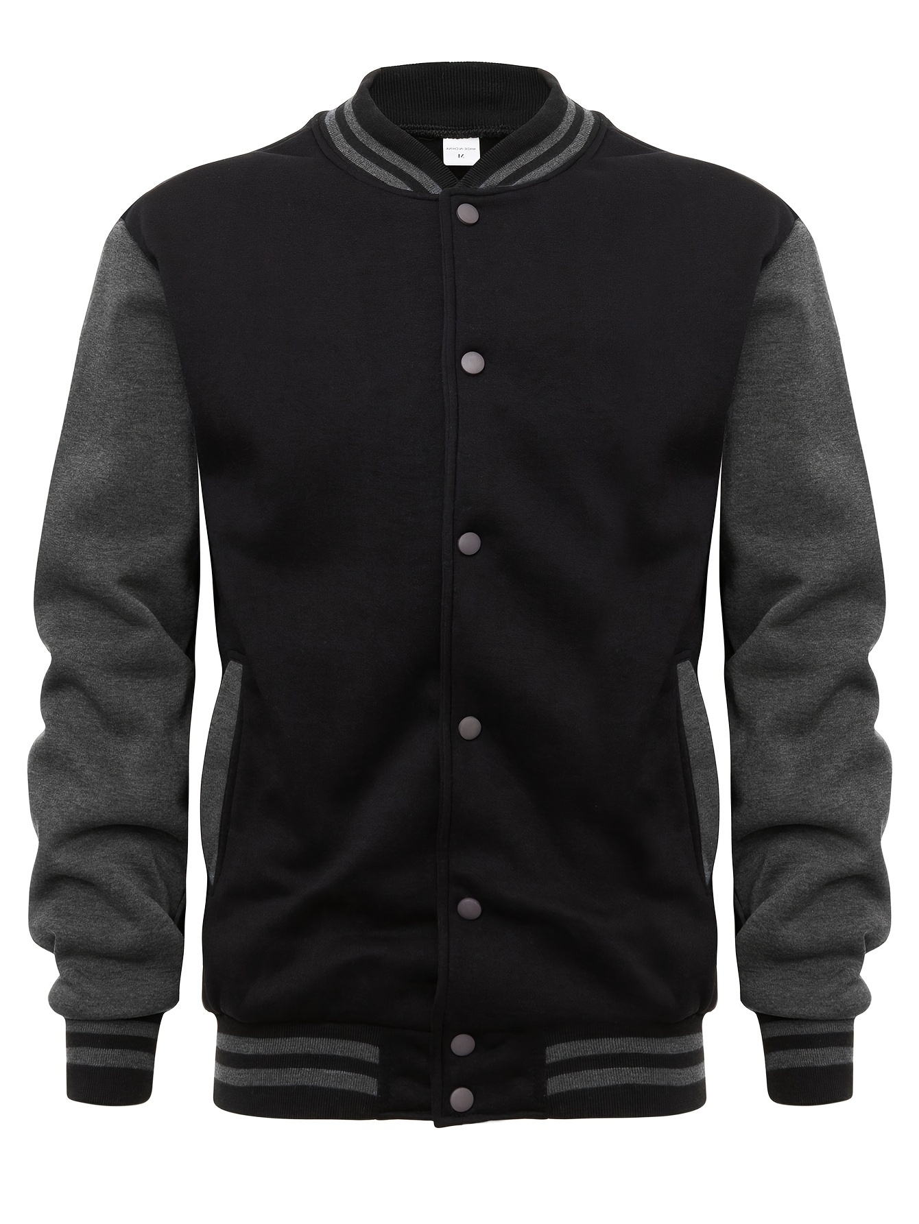 mens varsity style contrast color long sleeve and button down baseball jacket with stand collar and pockets chic and casual sports jacket for spring and autumn outdoors activities details 6