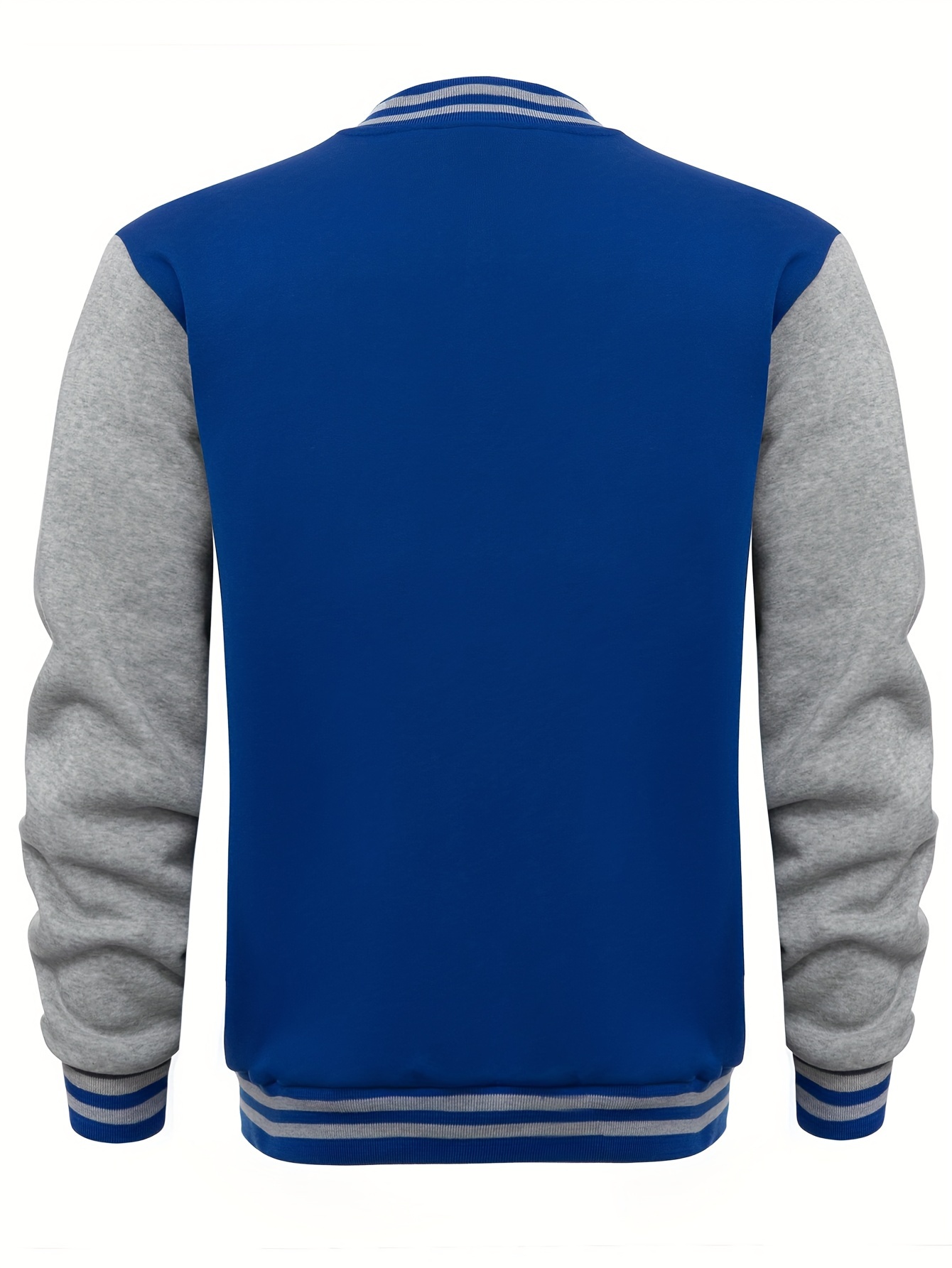 mens varsity style contrast color long sleeve and button down baseball jacket with stand collar and pockets chic and casual sports jacket for spring and autumn outdoors activities details 11