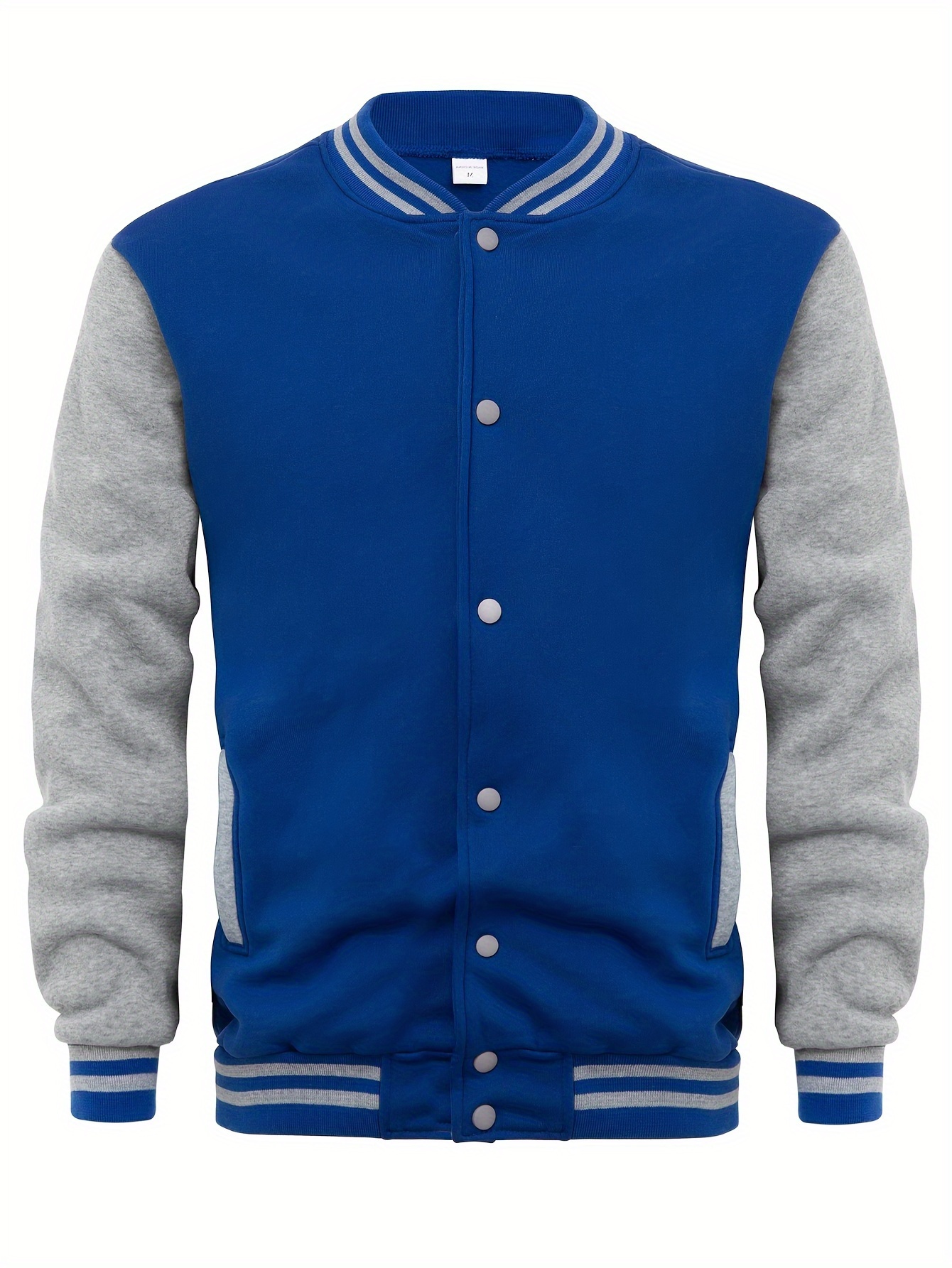 mens varsity style contrast color long sleeve and button down baseball jacket with stand collar and pockets chic and casual sports jacket for spring and autumn outdoors activities details 12