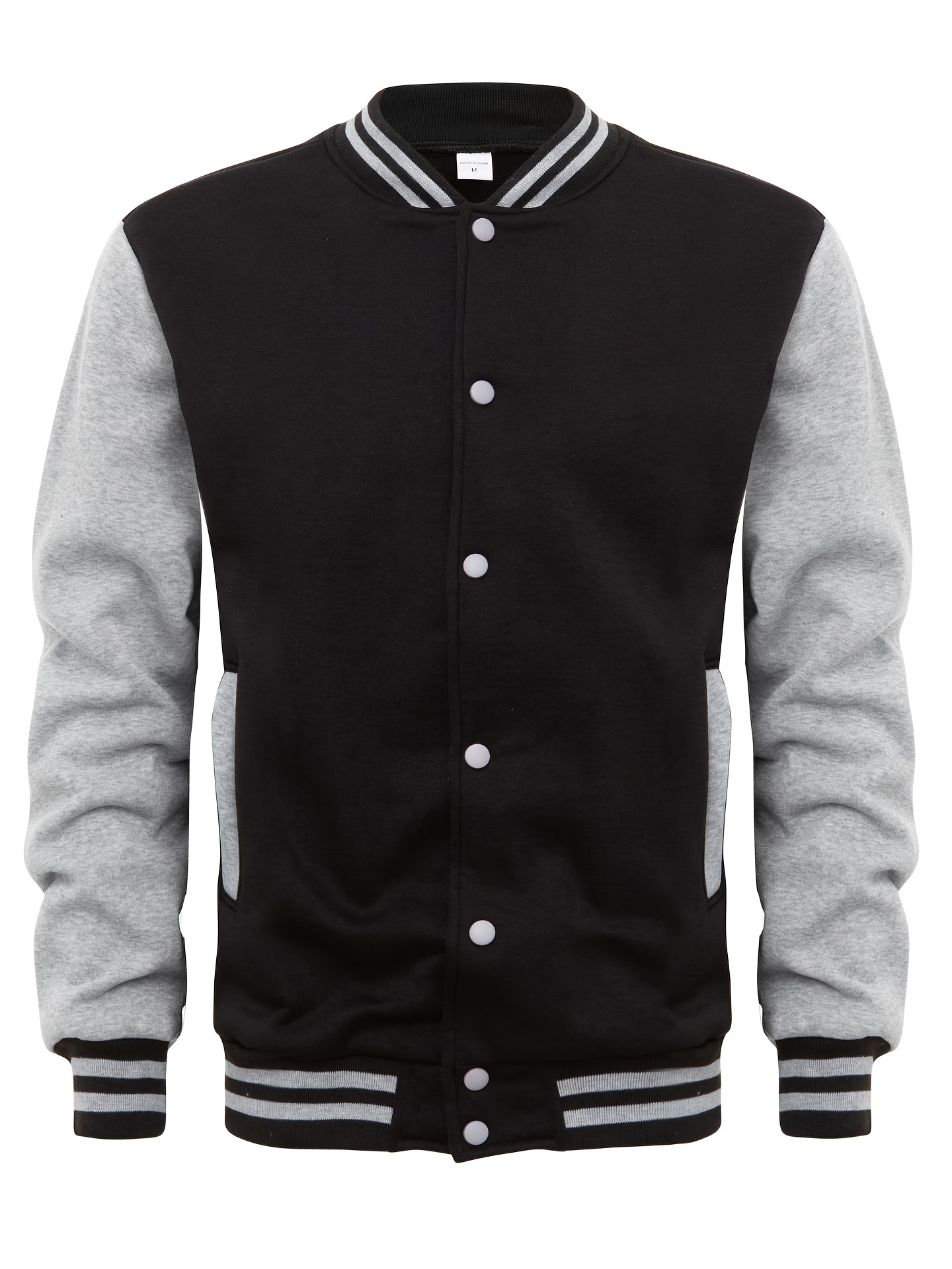 mens varsity style contrast color long sleeve and button down baseball jacket with stand collar and pockets chic and casual sports jacket for spring and autumn outdoors activities details 19