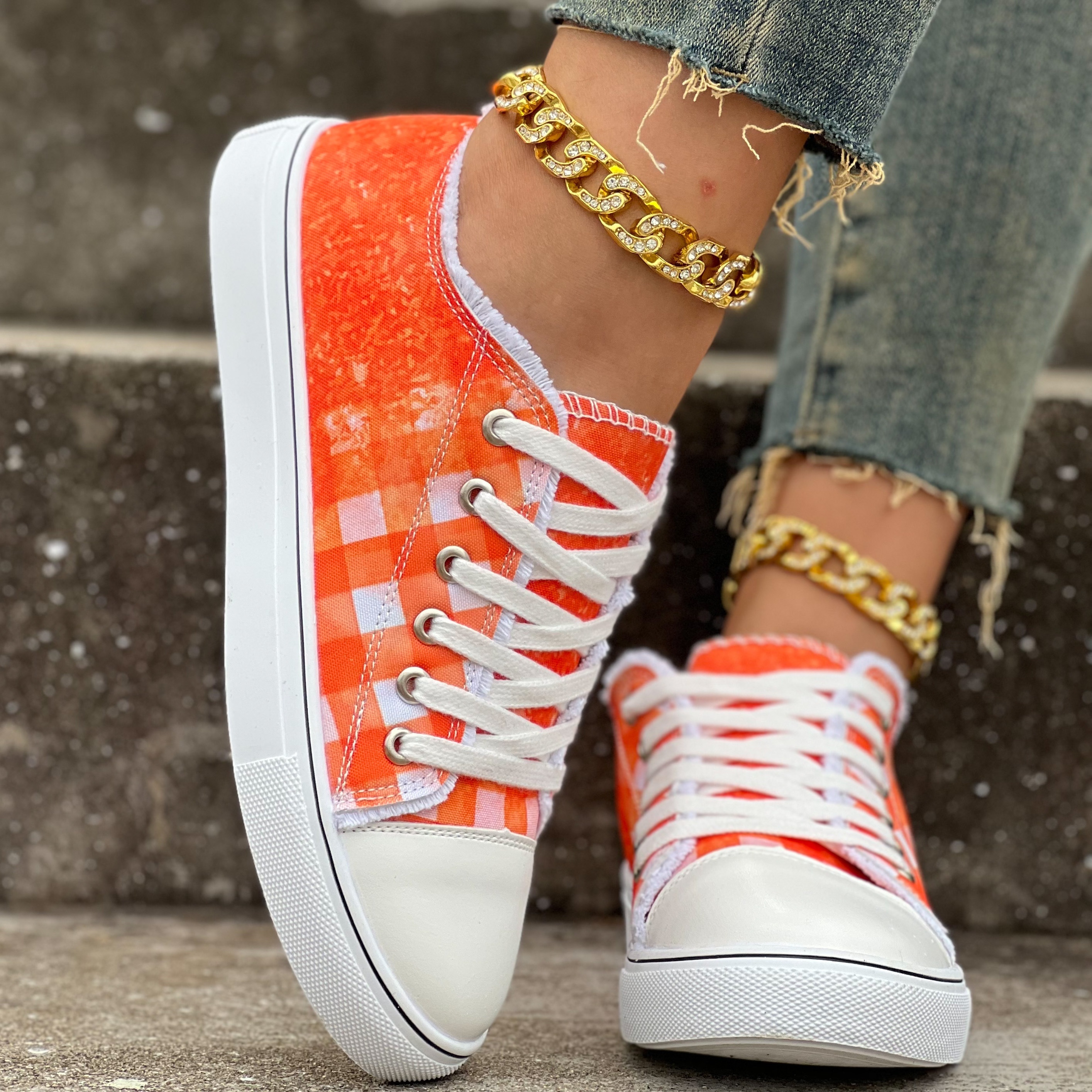plaid pattern canvas shoes women s lace comfy flat details 4