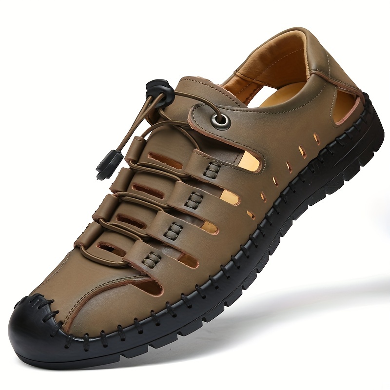 mens leather sneaker durable non slip outdoor walking shoes with adjustable no tie lace spring and summer details 0