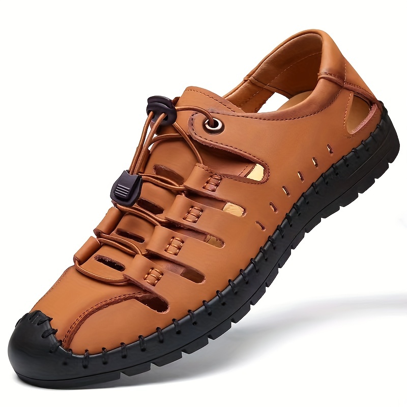 mens leather sneaker durable non slip outdoor walking shoes with adjustable no tie lace spring and summer details 1
